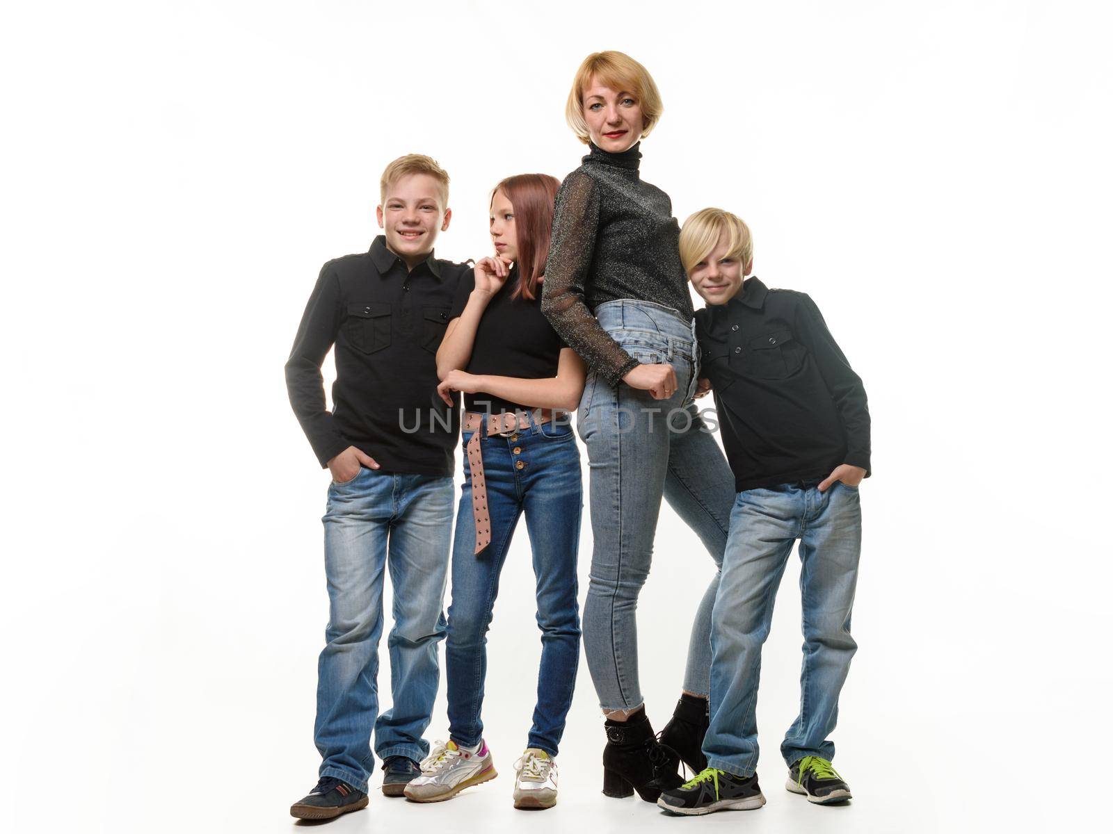 Mom with three teenagers, two boys and a girl, isolated on a white background