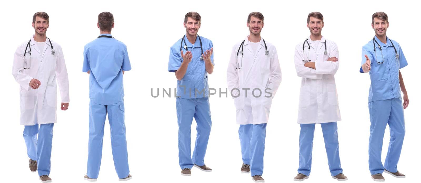 group of medical doctors standing in a row . isolated on white background