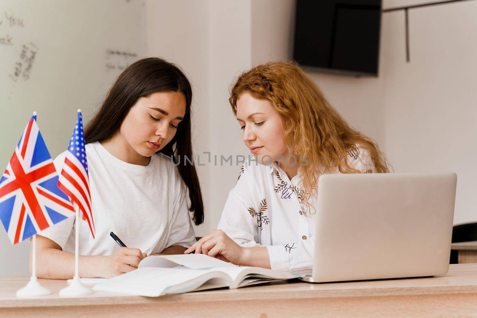 Foreign school private study with a school girl. Teacher explain grammar of native language using laptop. Prepearing to exam with tutor.