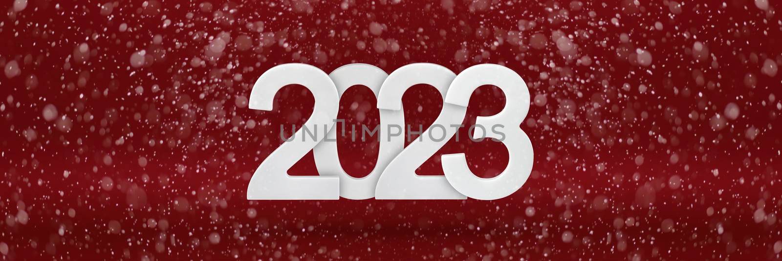 Happy New Year 2023 greeting template. Festive 3d banner with white numbers 2023 on a red background. Festive poster or banner design. Happy new year modern background, falling snow.