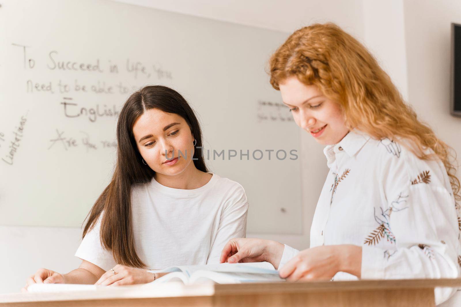 Foreign school private study with a school girl. Teacher explain grammar of native language using laptop. Prepearing to exam with tutor.