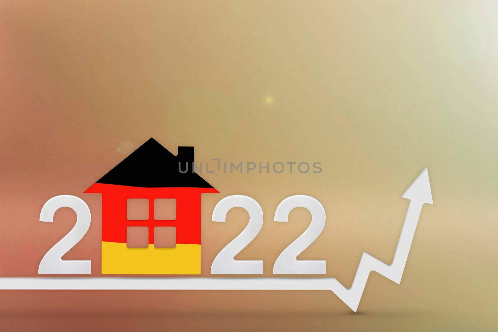 The cost of real estate in Germany in 2022. Rising cost of construction, insurance, rent in Germany. House model painted in flag colors, up arrow on yellow background. by SERSOL