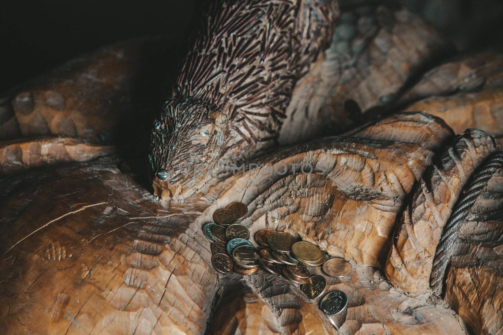 Old coins lie on a wooden carved figure. High quality photo