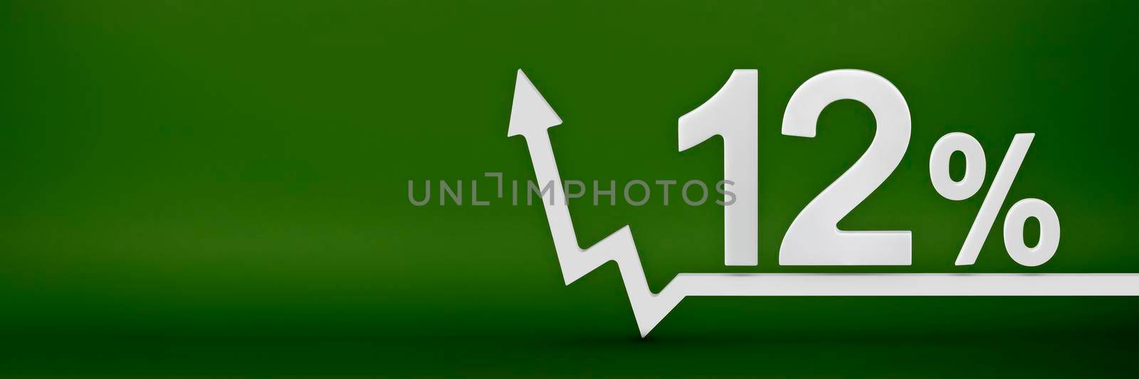 12 percent. The arrow on the graph points up. Rising prices, inflation, increase in income, increase in interest rates, taxes. 3d banner, twelve percent sign discount on a green background. by SERSOL