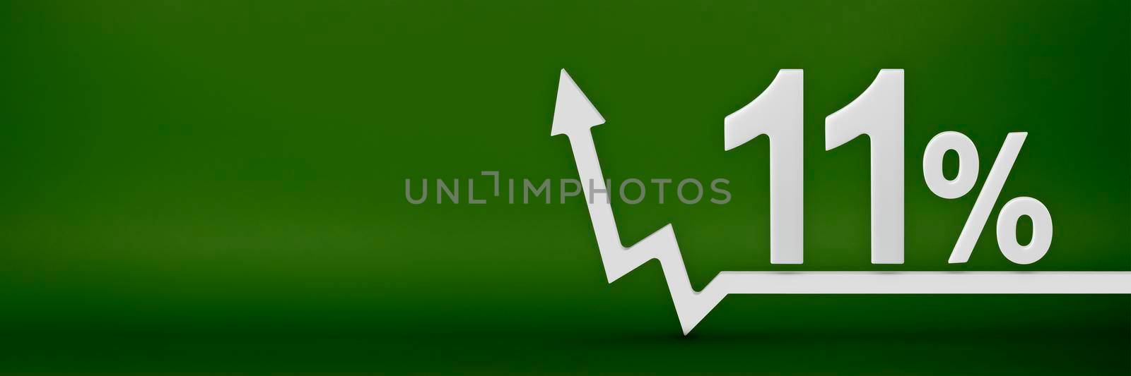 11 percent. The arrow on the graph points up. Rising prices, inflation, increase in income, increase in interest rates, taxes. 3d banner, eleven percent sign discount on a green background. by SERSOL