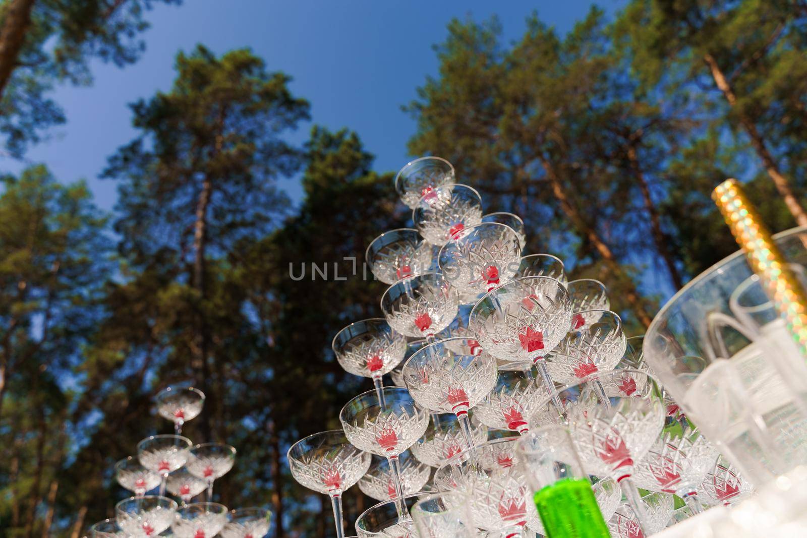 Big pyramid of glasses with champagne and red cherry inside on business meeting at summer day in the forest. Drink coctkail catering for wedding