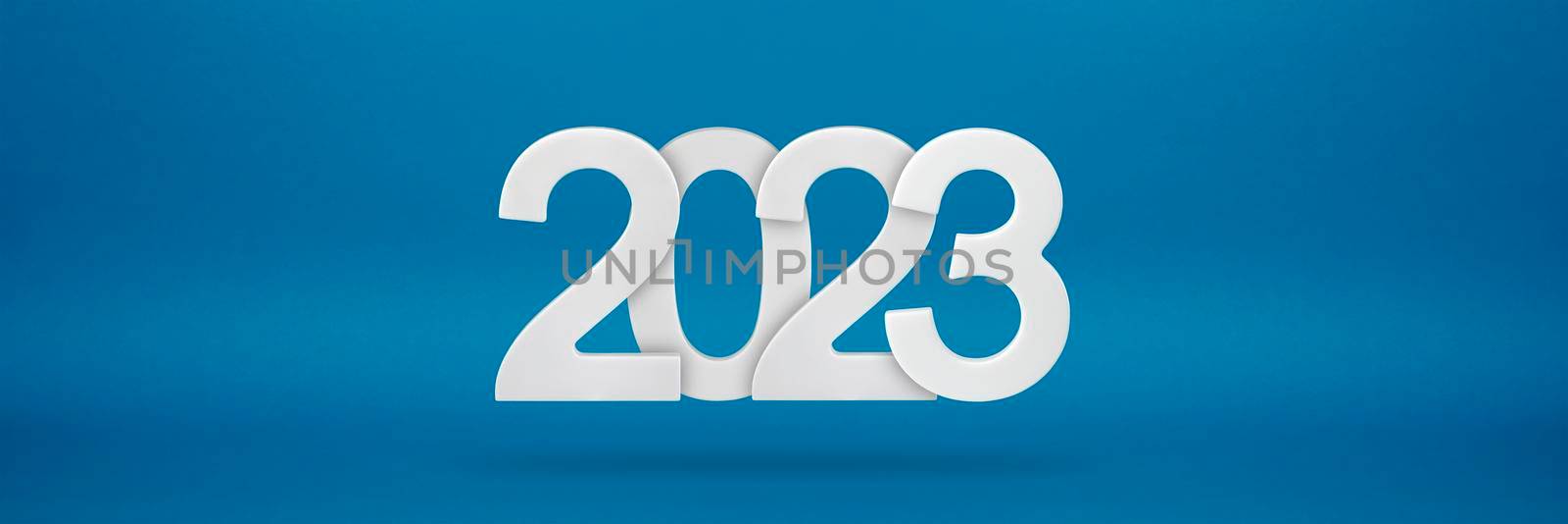 Happy New Year 2023 greeting template. Festive 3d banner with white numbers 2023 on a, blue background. Festive poster or banner design. Happy new year modern background.