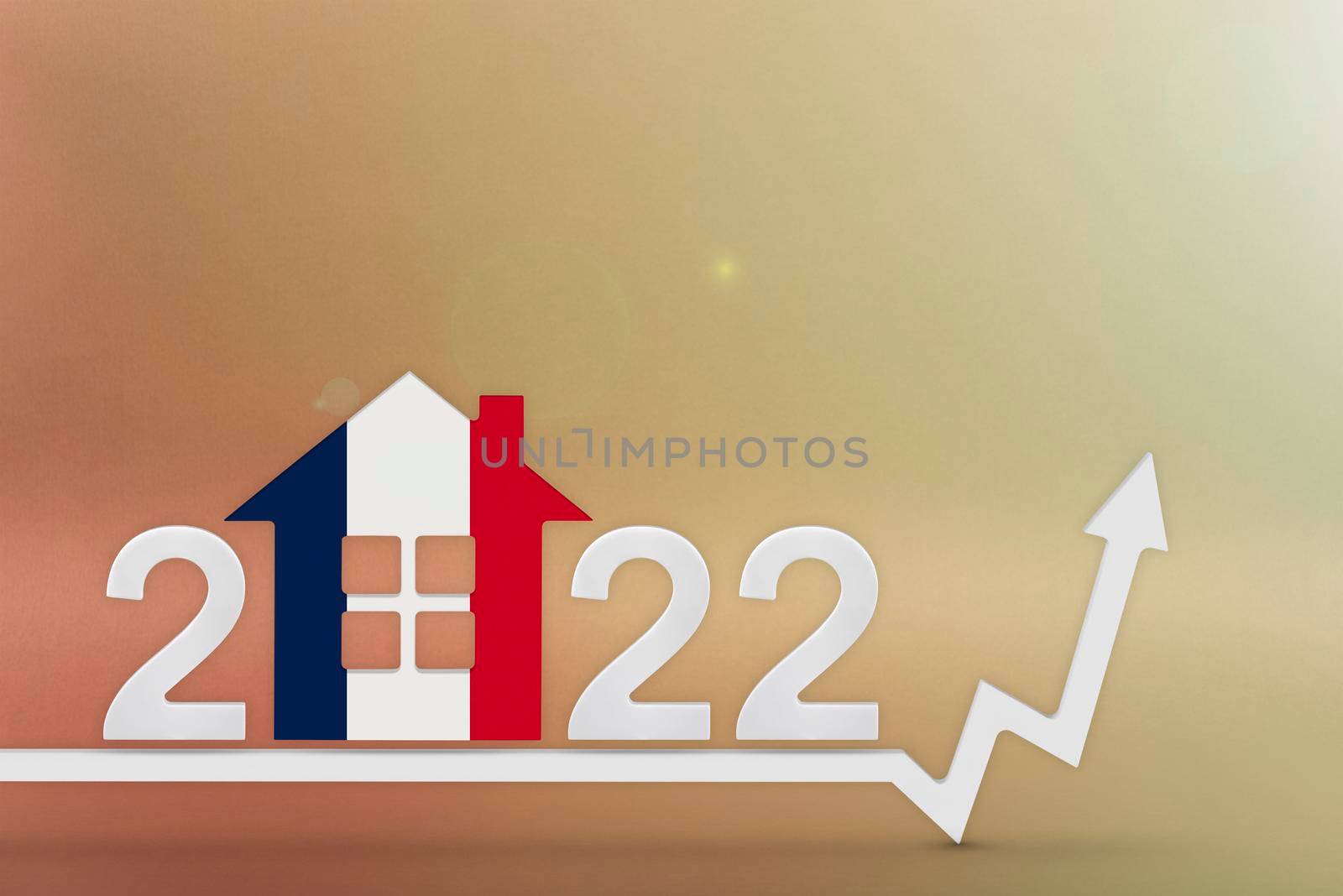 The cost of real estate in France in 2022. Rising cost of construction, insurance, rent in France. House model painted in flag colors, up arrow on yellow background by SERSOL