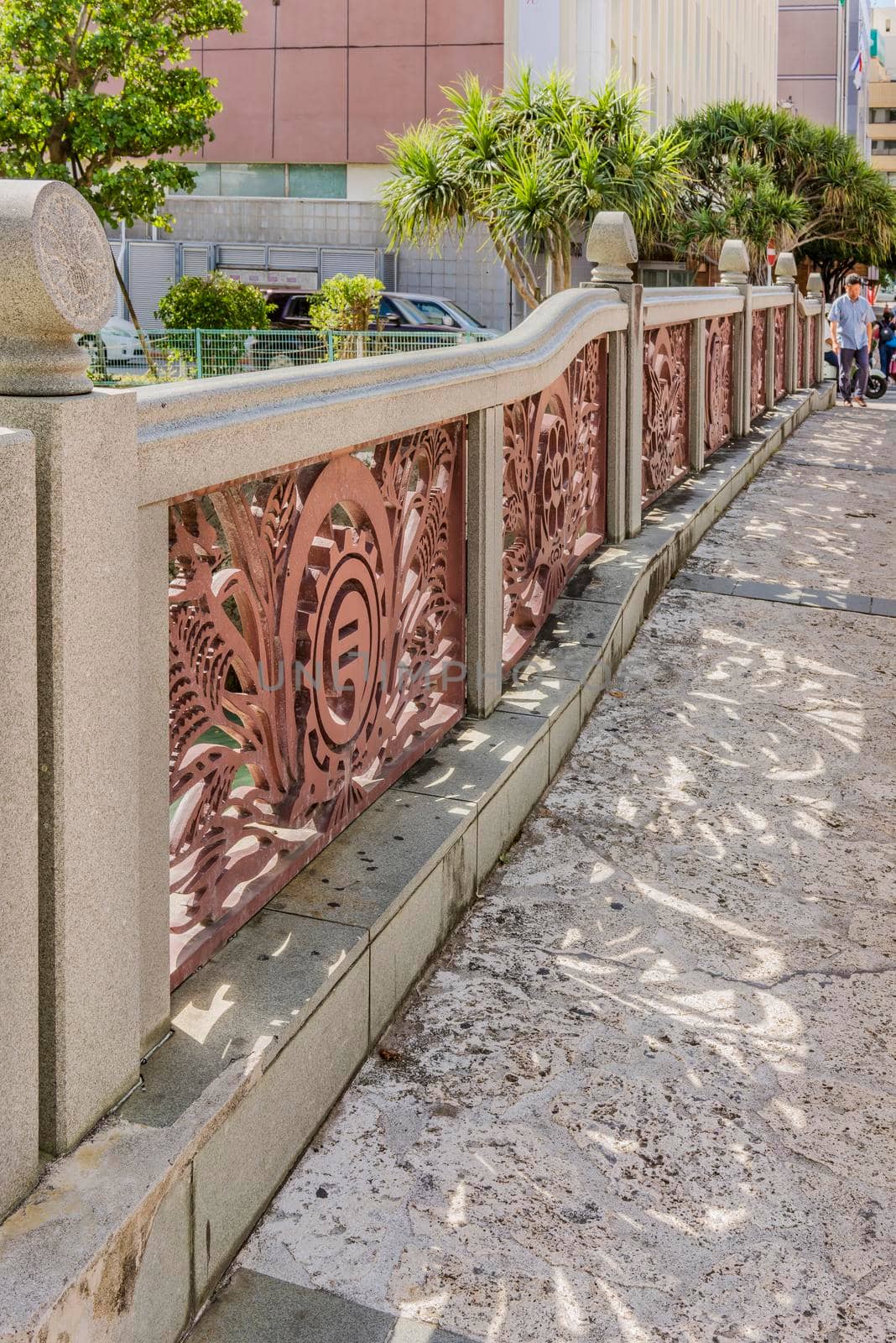 okinawa, japan - september 15 2021: Close up on the fence of the Onari bridge in Naha city in Okinawa island.