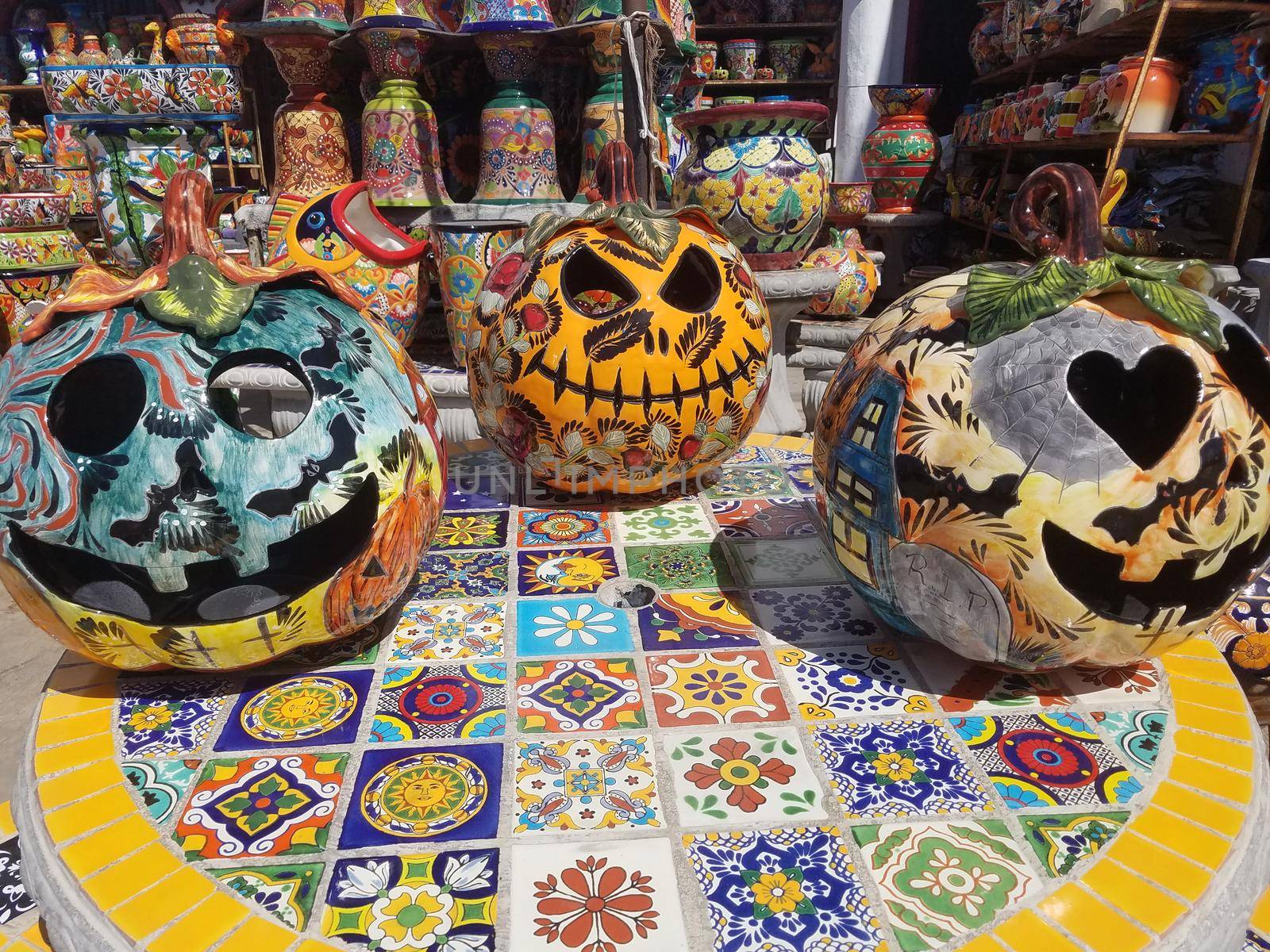 Mexican talavera pumpkins and products, Baja California by RobertPB