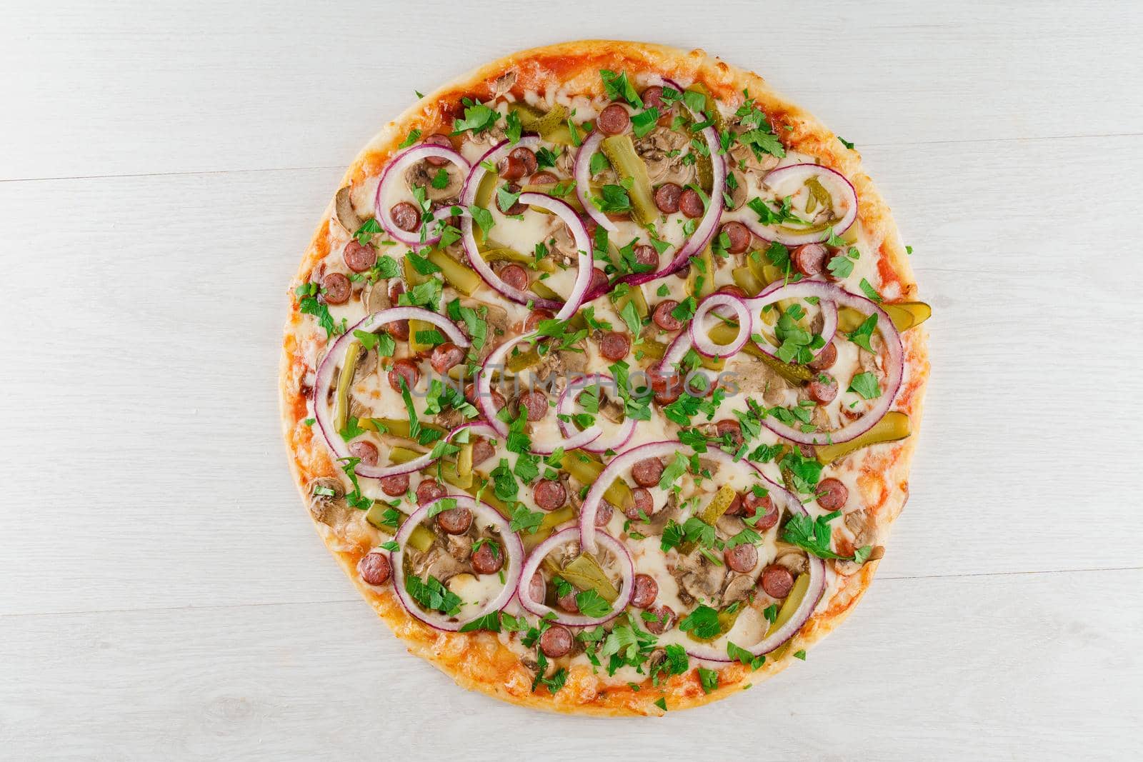 Big pizza isolated on white background. Tasty fast food at quarantine coronavirus covid-19 period. Food delivery for people who stay at home