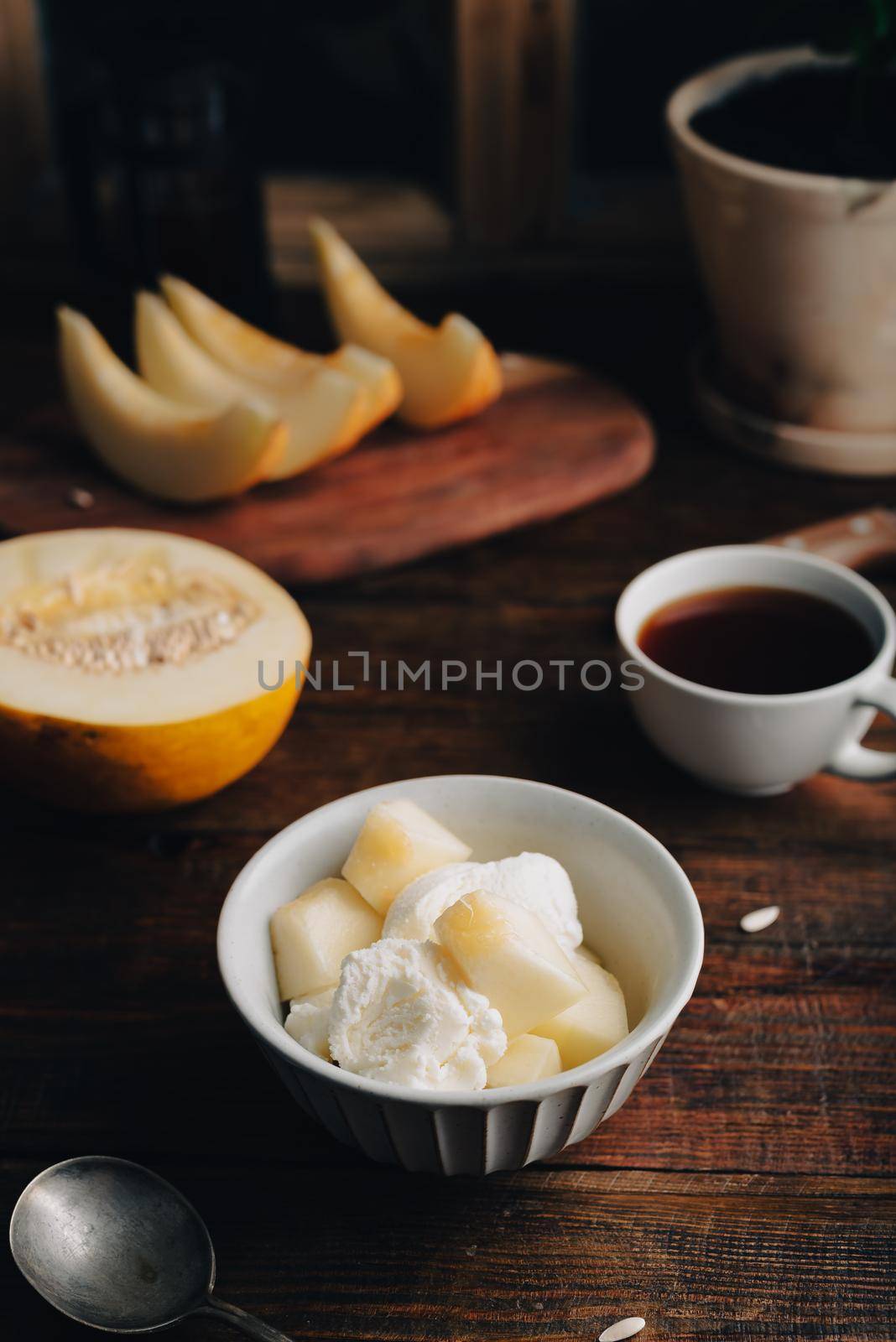 Vanilla Ice Cream with Honeydew Melon Slices in Bowl