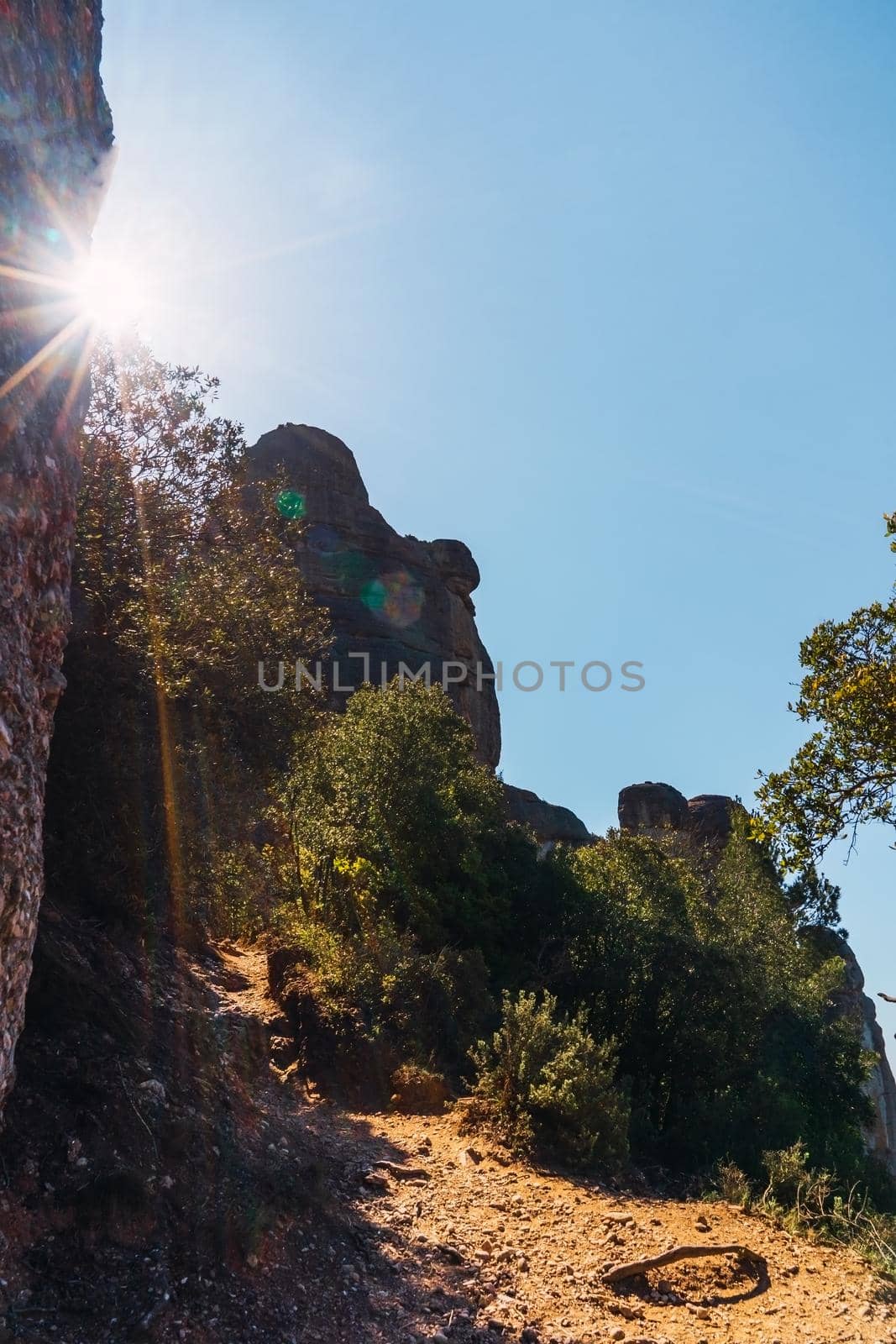 Mountain scenery, forest illuminated by the sunbems and blue sky. Mountain of Montserrat Spain. Mediterranean sight by CatPhotography