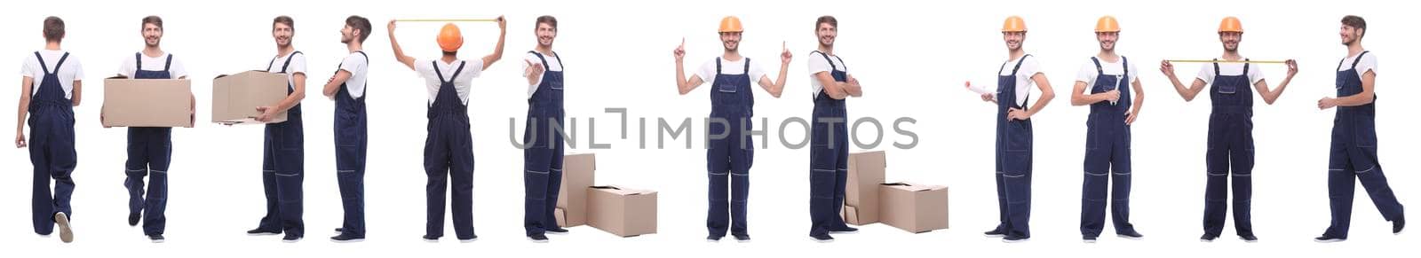panoramic collage of male handyman isolated on white background.