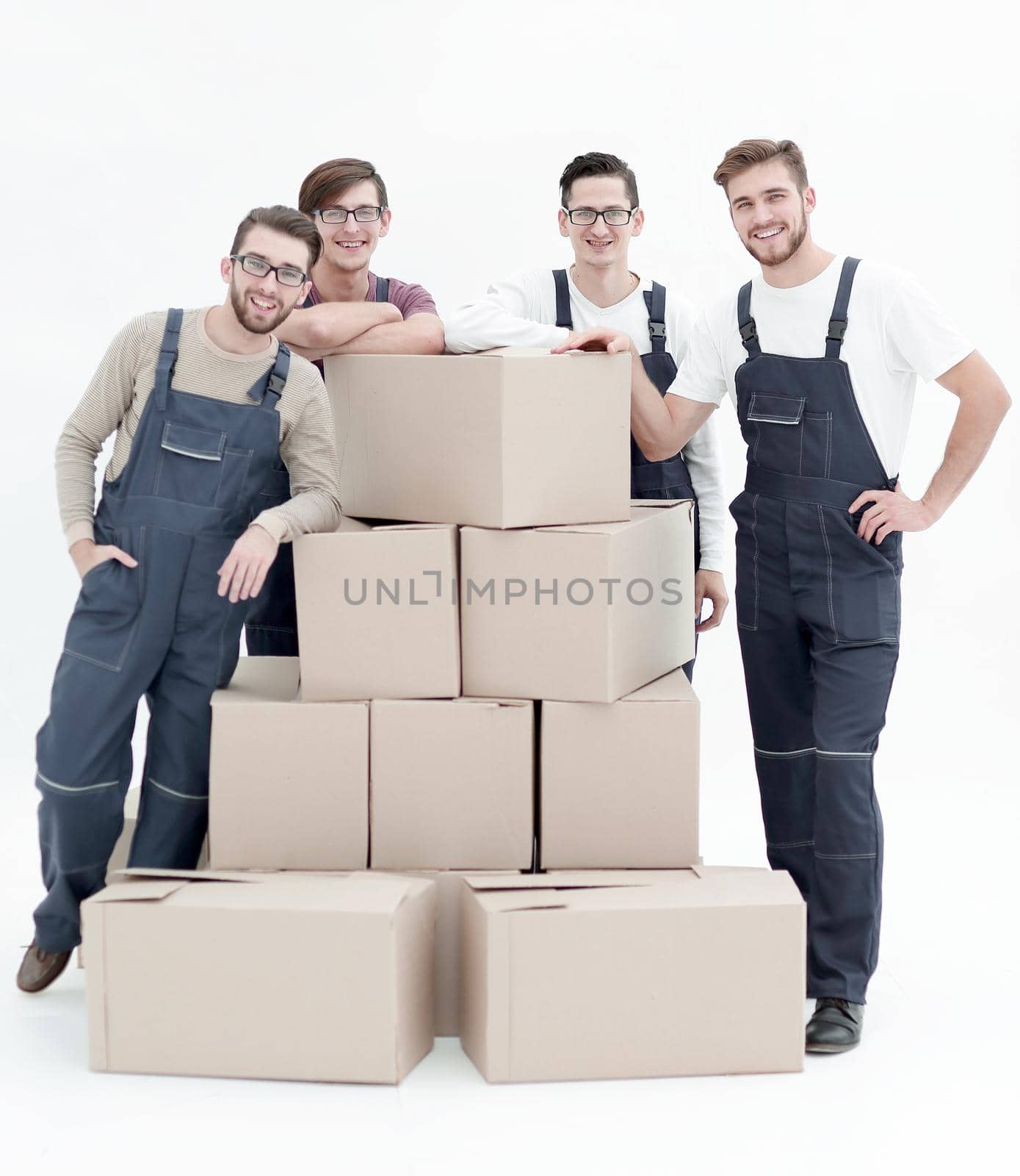 Workers deliver boxes, isolated, white background by asdf