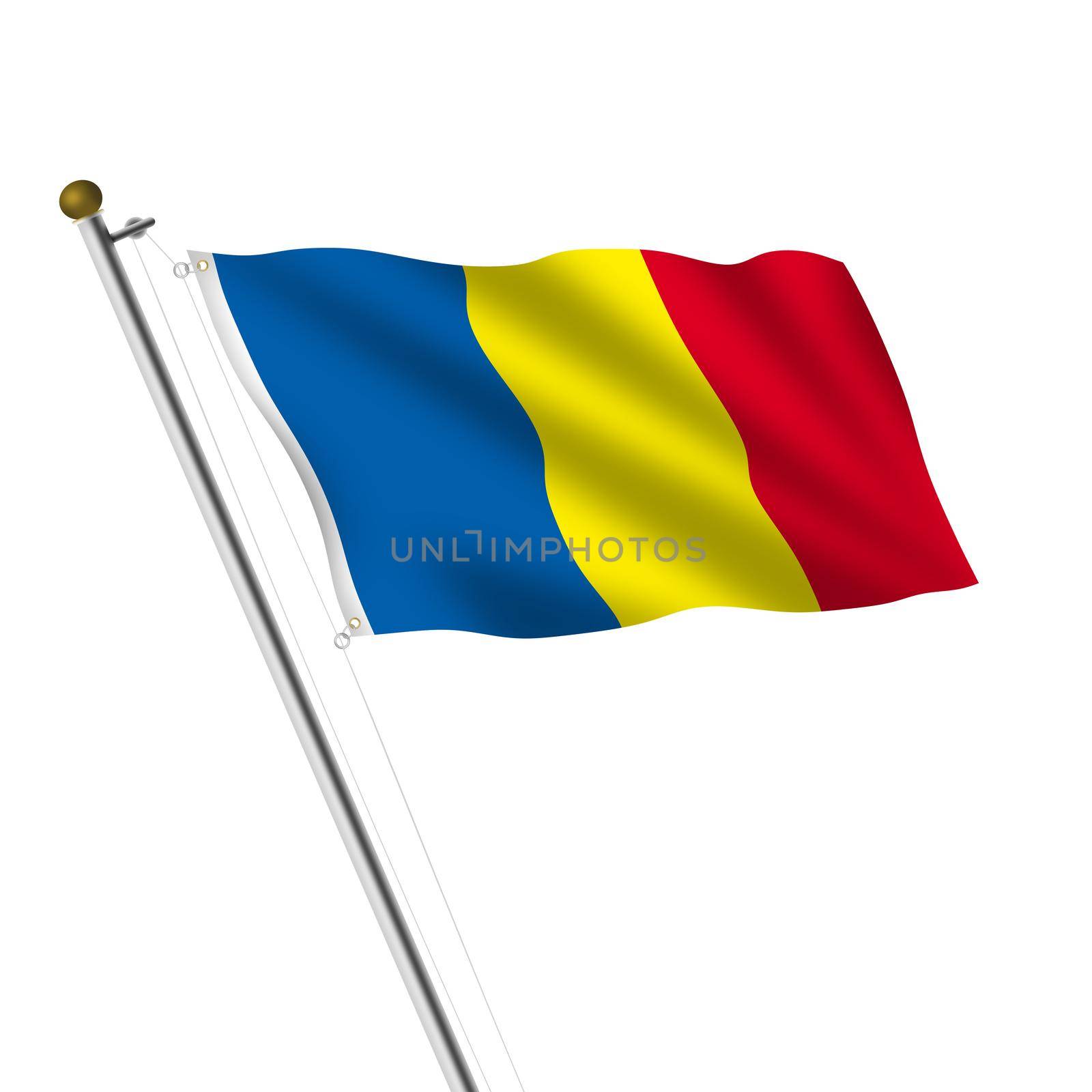 A Romania Flagpole 3d illustration on white with clipping path