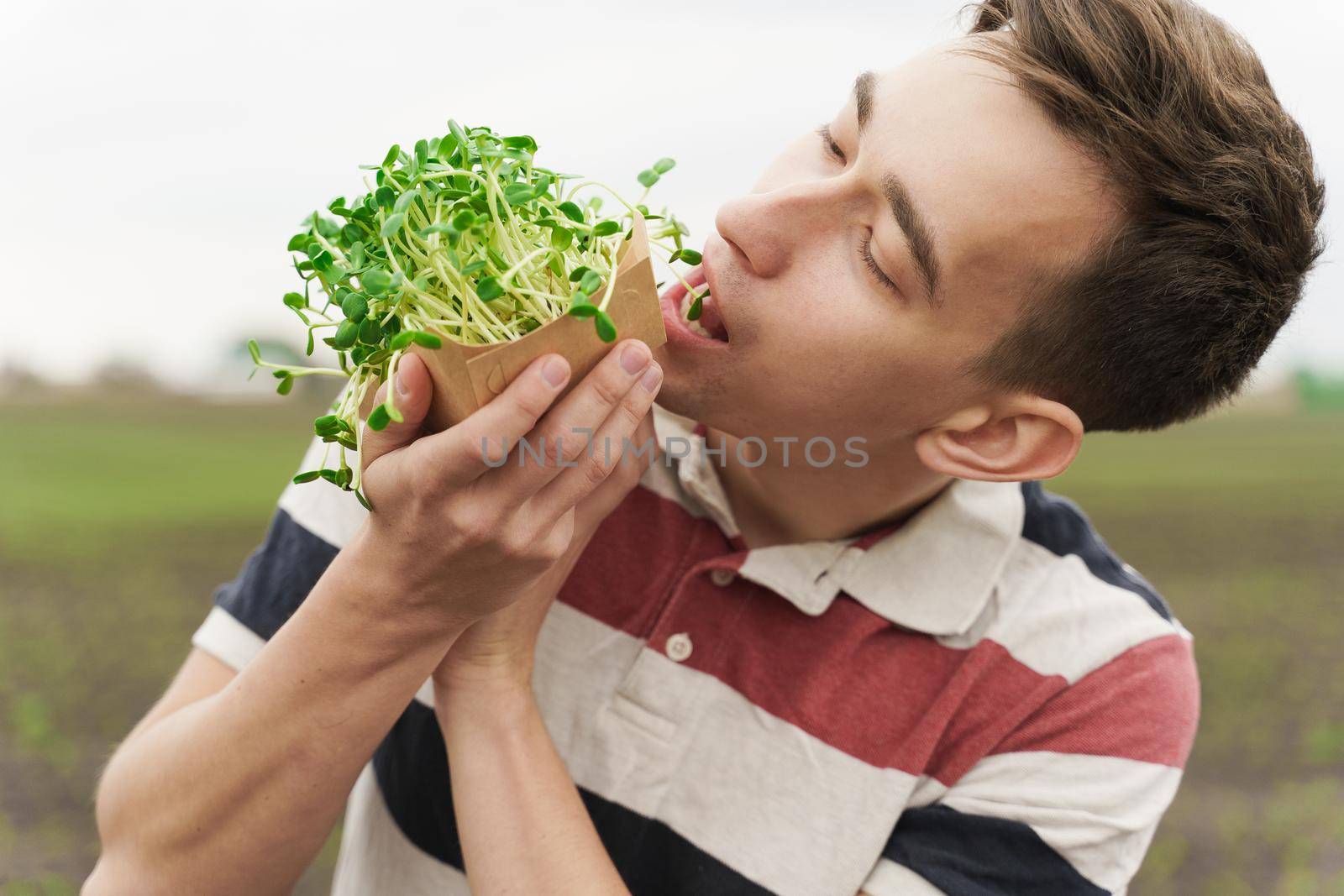 Vegan man eats leaves of microgreen of sunflower seeds with soil in eco friendly disposable carton plate in hands. Vegeterian food delivery service