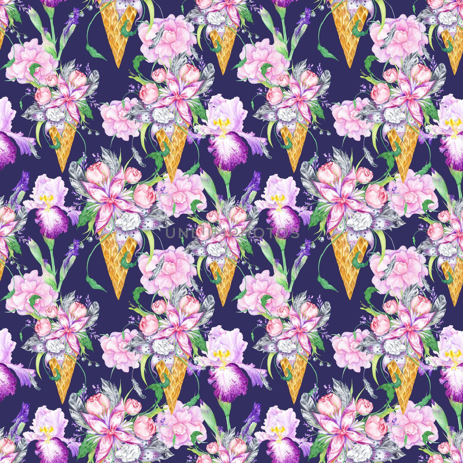 Seamless background with pink peony, lilac and iris flowers and grey feathers on deep purple background