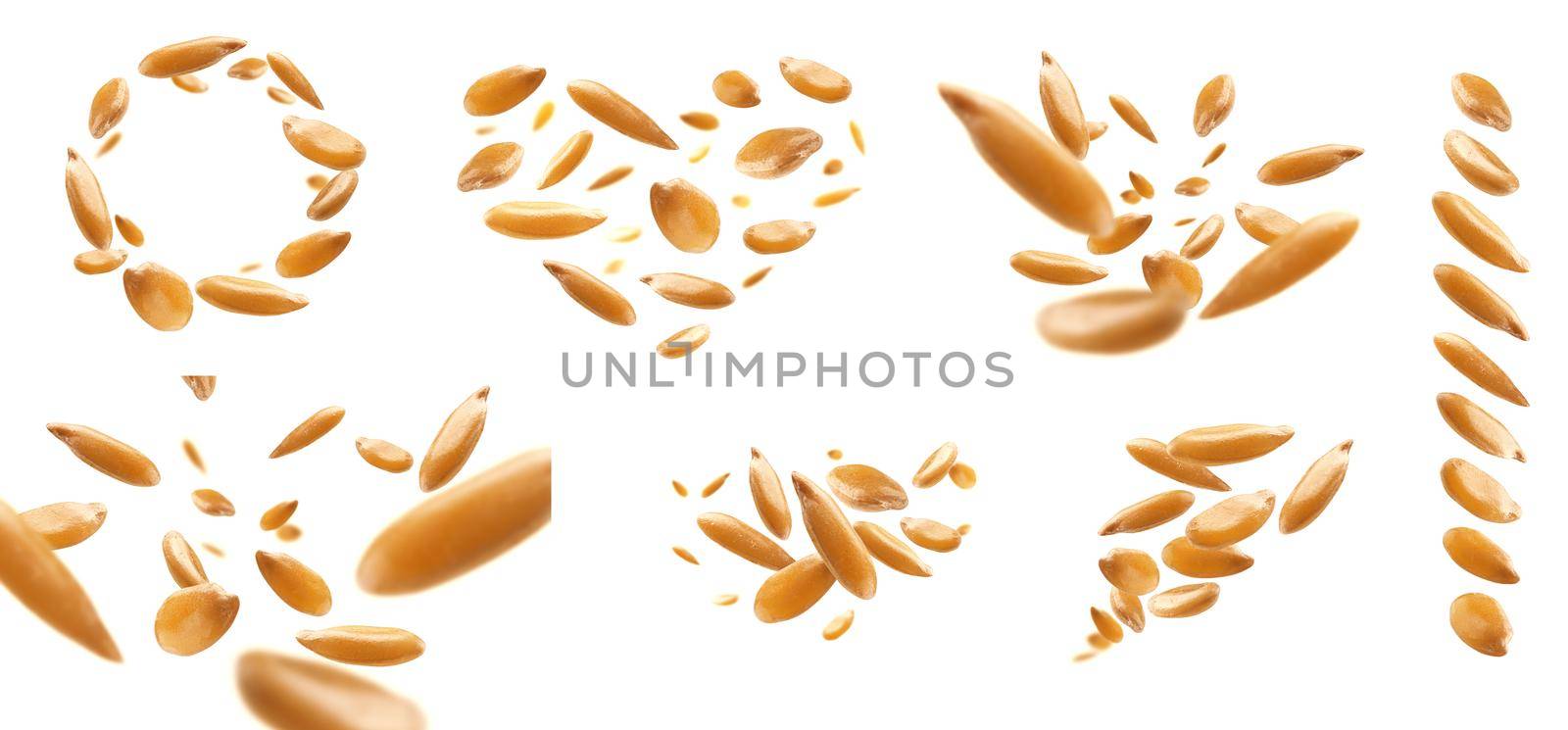 A set of photos. Flax seeds are levitated on a white background.