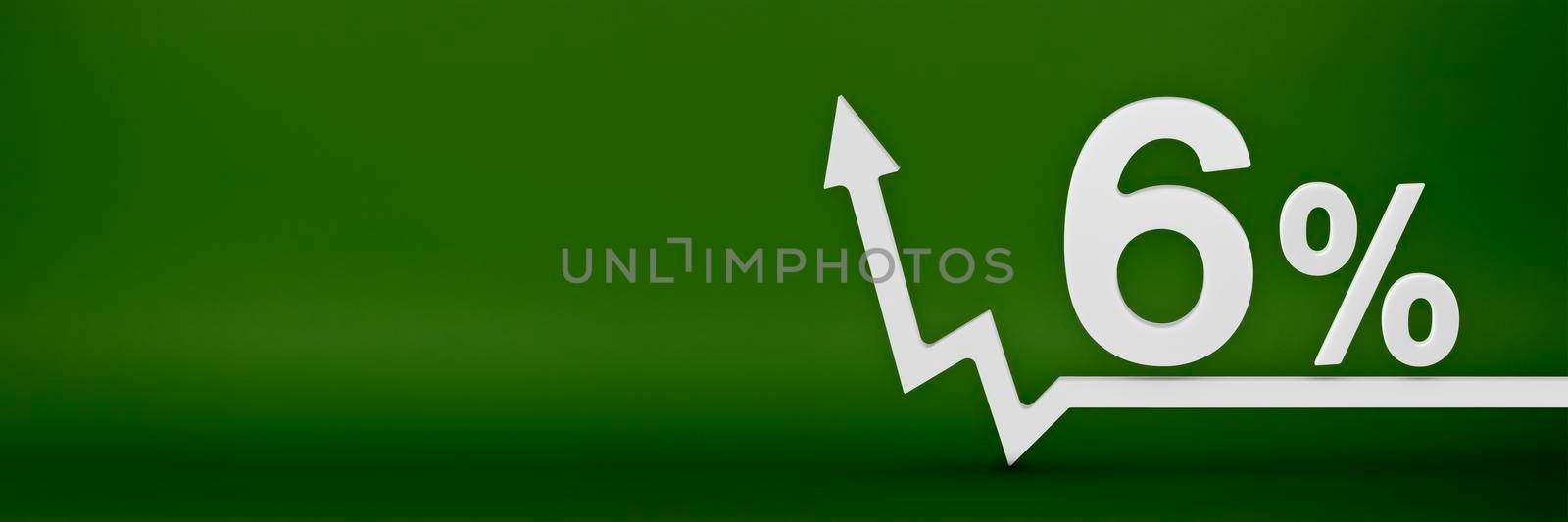 6 percent. The arrow on the graph points up. Rising prices, inflation, increase in income, increase in interest rates, taxes. 3d banner, six percent sign discount on a green background. by SERSOL