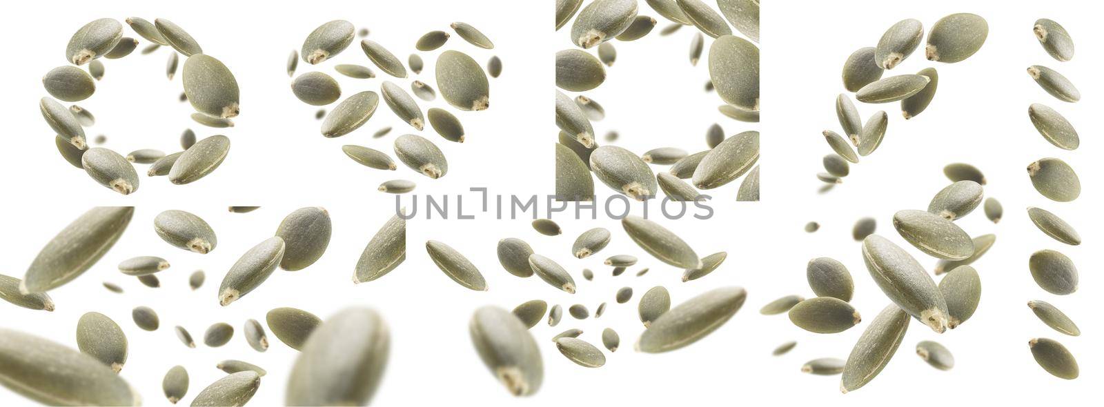 A set of photos. Peeled pumpkin seeds levitate on a white background.