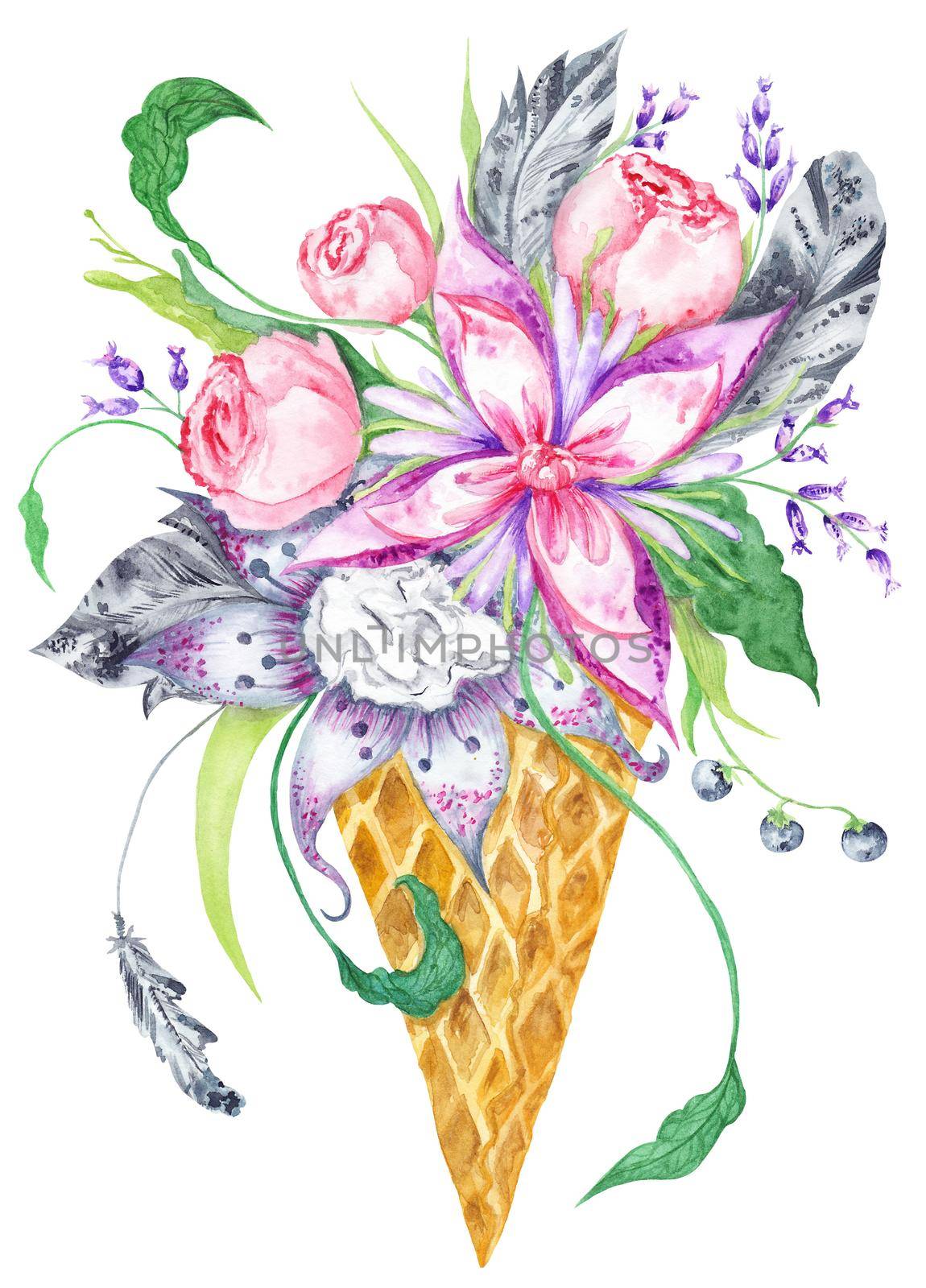 Watercolor Illustration with Flowers in Waffle Cup by kisika