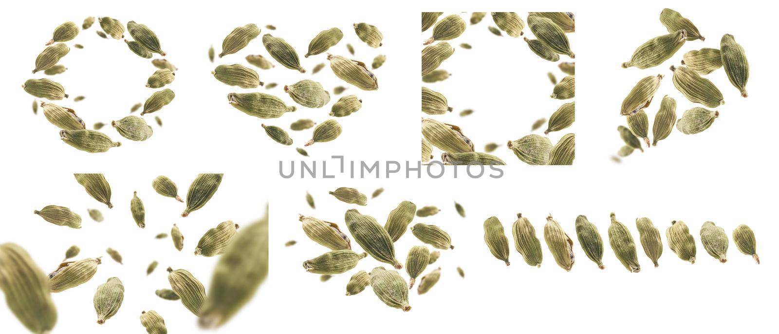 A set of photos. Cardamom pods levitate on a white background.