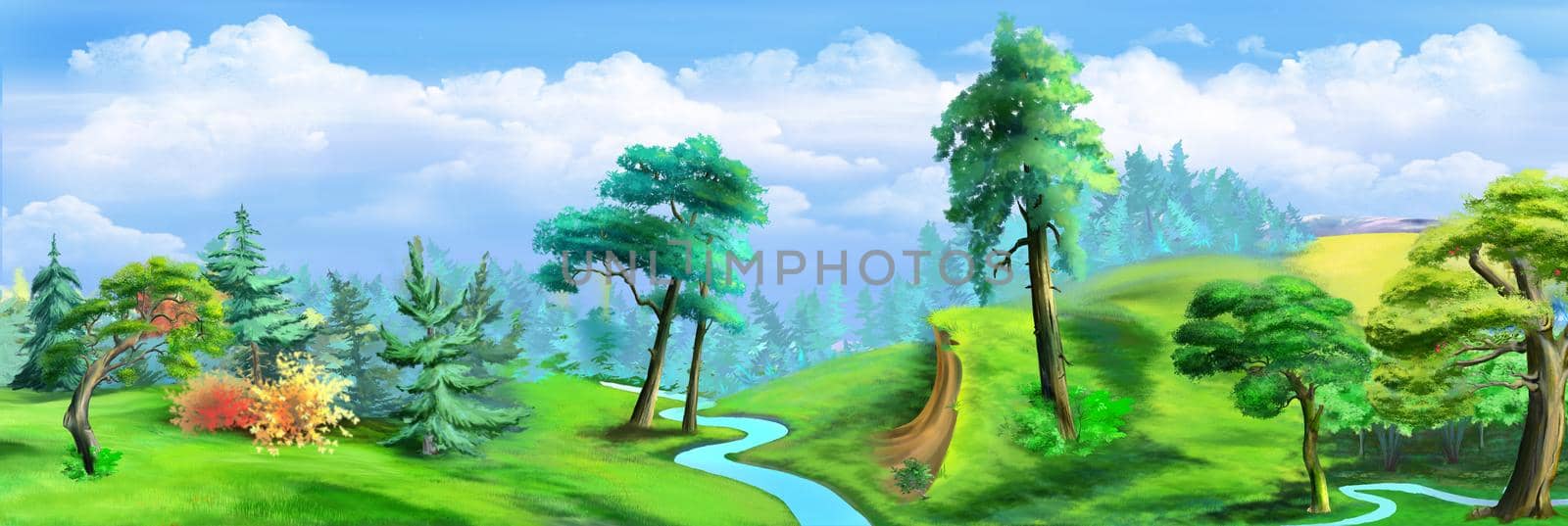 Natural parkland with a river on a sunny summer day. Digital Painting Background, Illustration.