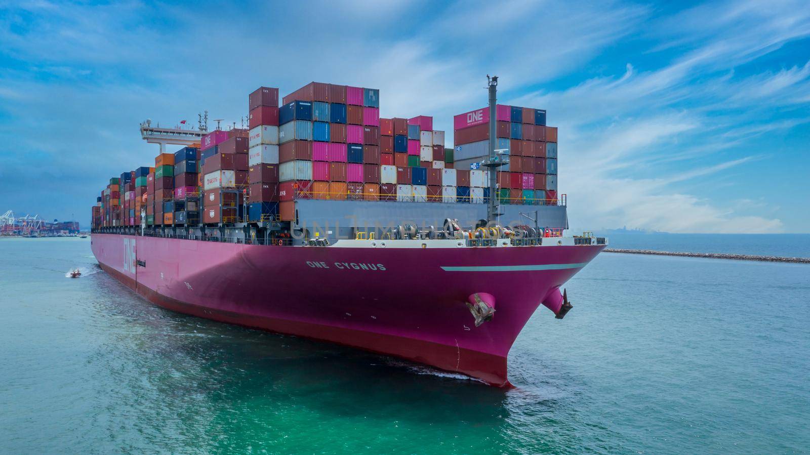 Global business company freight shipping logistics import export transportation by container ship, Container cargo ship at commercial industrial port freight transportation.