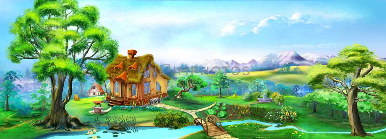 Fairy tale country house with fields and river on a summer day. Digital Painting Background, Illustration.