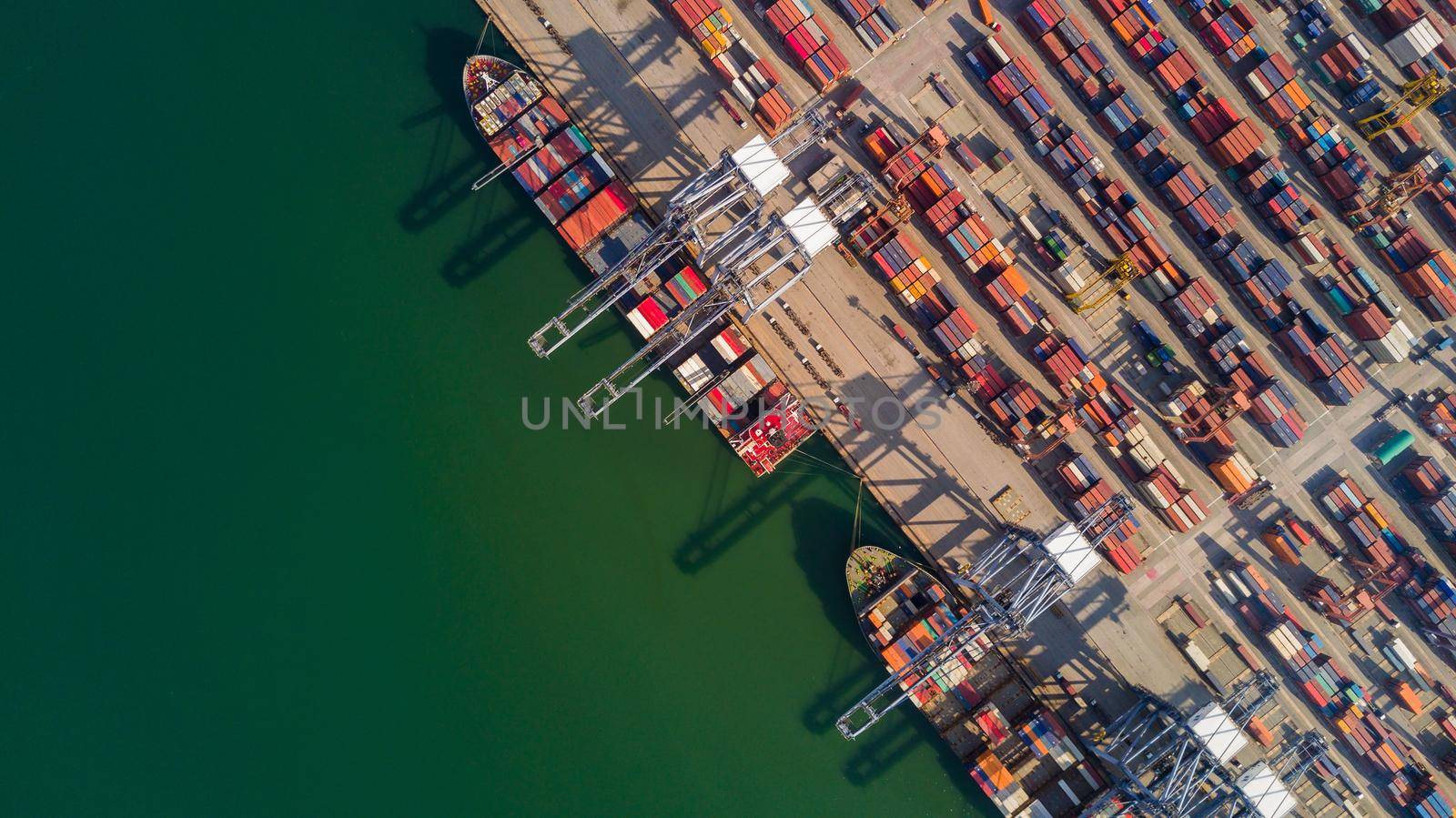 Aerial view container ship freight shipping at port, Global business logistic import and export freight shipping transportation oversea worldwide, Container vessel cargo freight ship international.