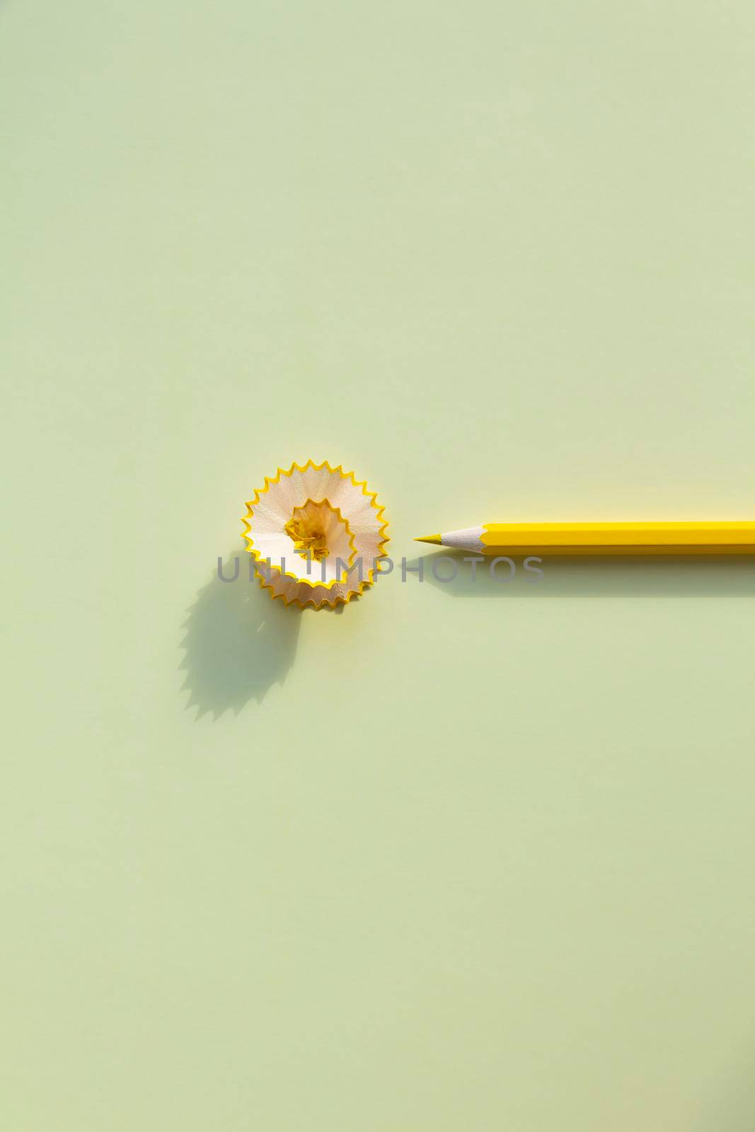 Yellow pencil with bright shavings and cleans on a yellow background. by Alla_Yurtayeva