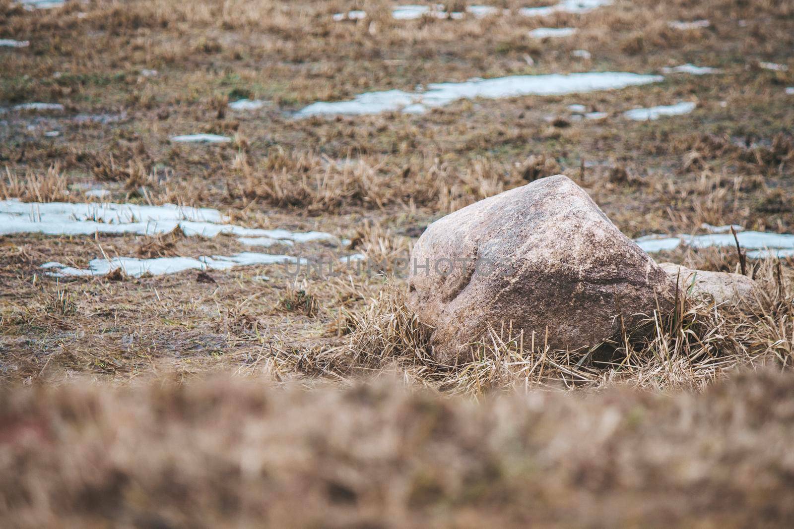 A large stone lies on muddy ground between patches of snow. High quality photo
