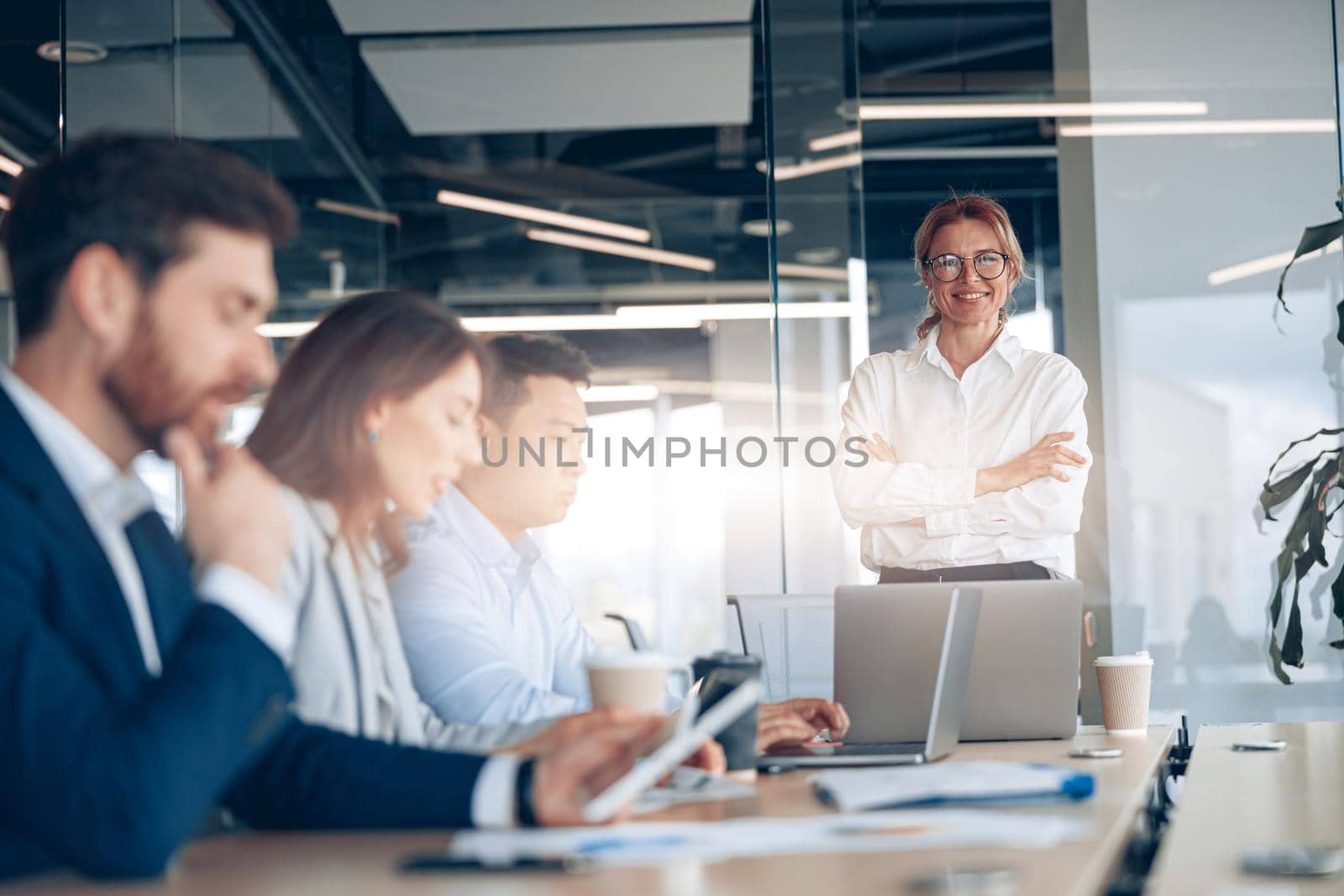 Smiling confident businesswoman on business meeting with colleagues in office . Blurred background