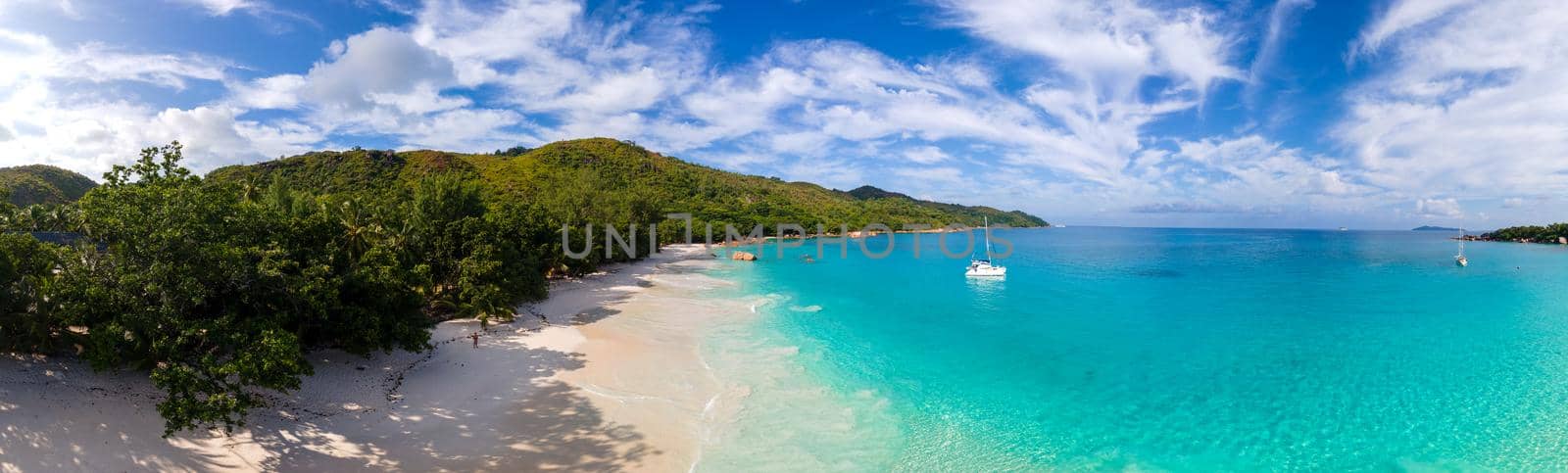 Praslin Seychelles tropical island with withe beaches and palm trees, Anse Lazio beach,Palm tree stands over deserted tropical island dream beach in Anse Lazio, Seychelles.