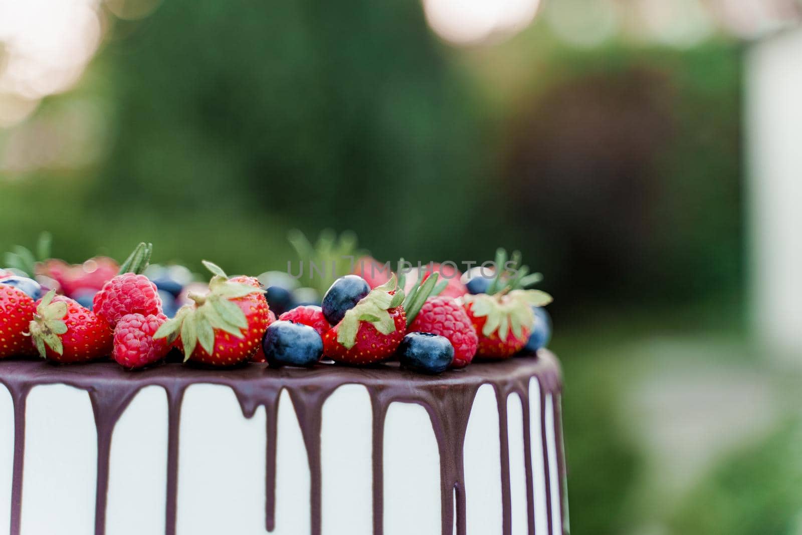 Wedding cake with strawberries and blueberries on top on the green background. White tasty cake for ceremony. Advert for cooks.