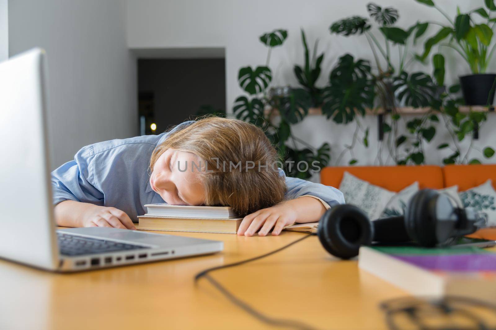 teenager is studying at home on carrantine. High quality photo