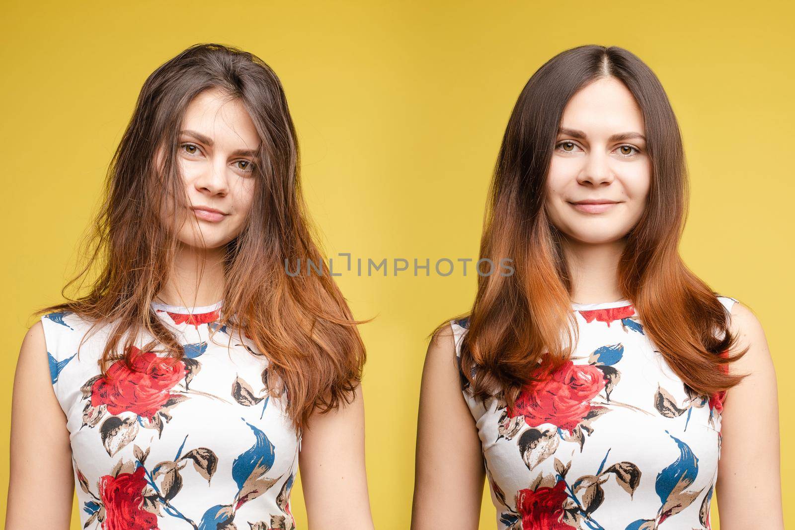 portraits of blonde haired woman in black, with glossy and messy unbrushed hair in after and before shampoon. Collage of two photo with happy and sadly girl after beauty salon.
