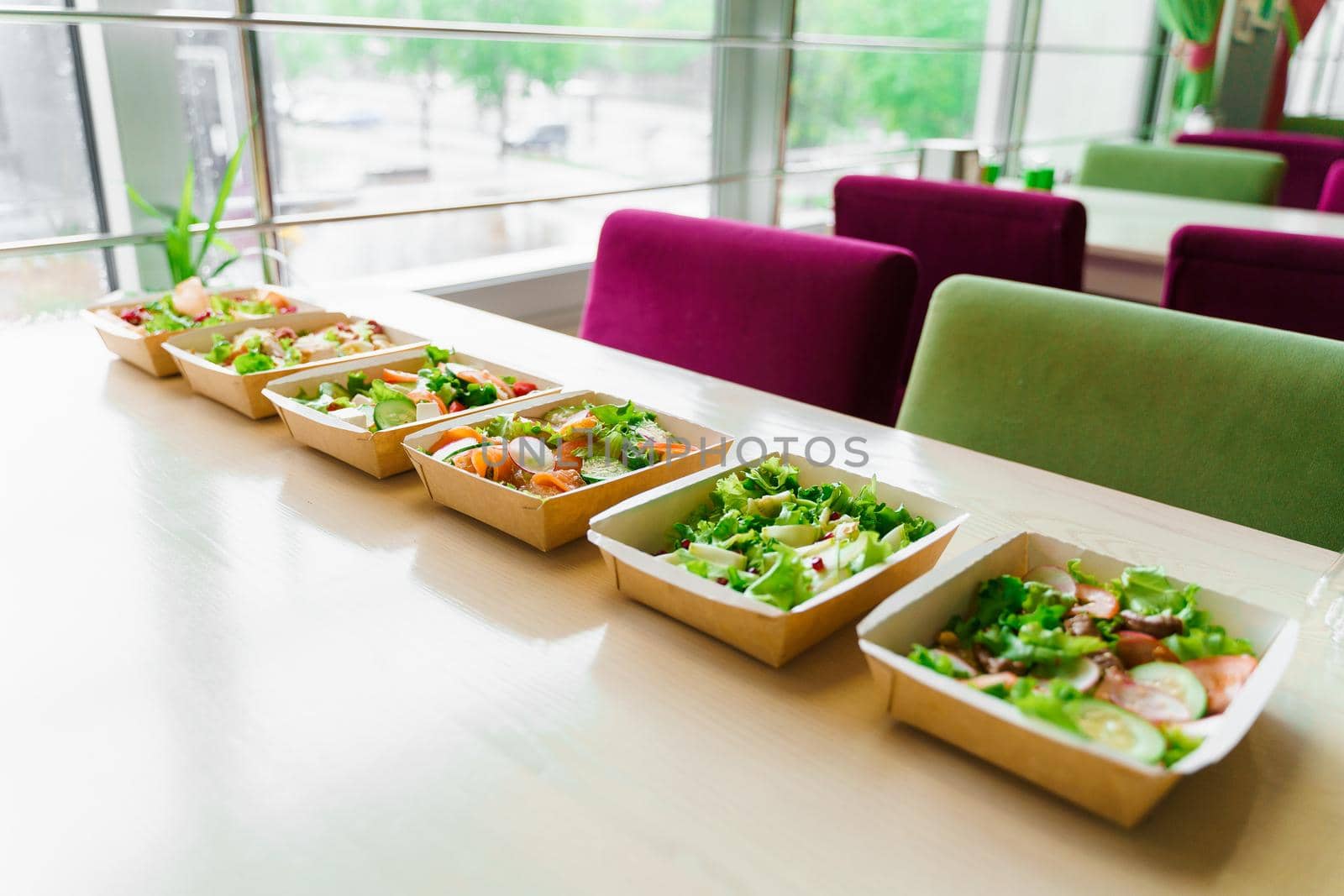 6 Green natural salads in eco thermo box with microgreen, veal, cucumber, tomato, cheese, garnet, peal. Safety delivery at quarantine covid 19. On-line order