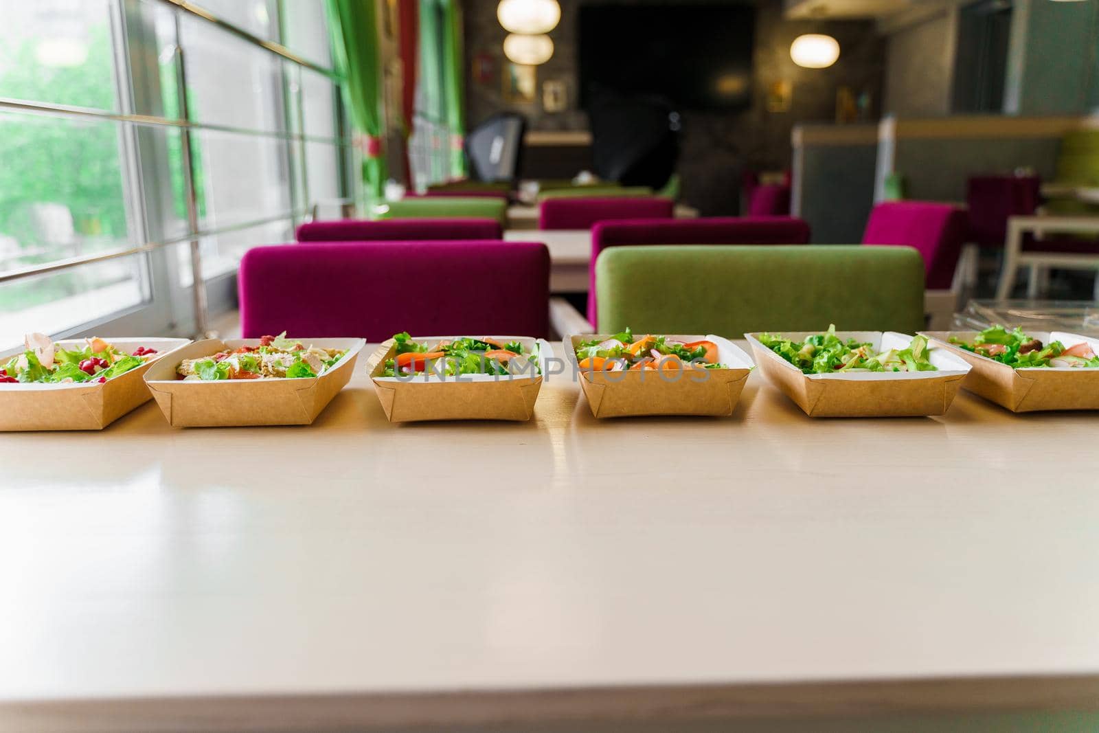 6 Green natural salads in eco thermo box with microgreen, veal, cucumber, tomato, cheese, garnet, peal. Safety delivery at quarantine covid 19. On-line order