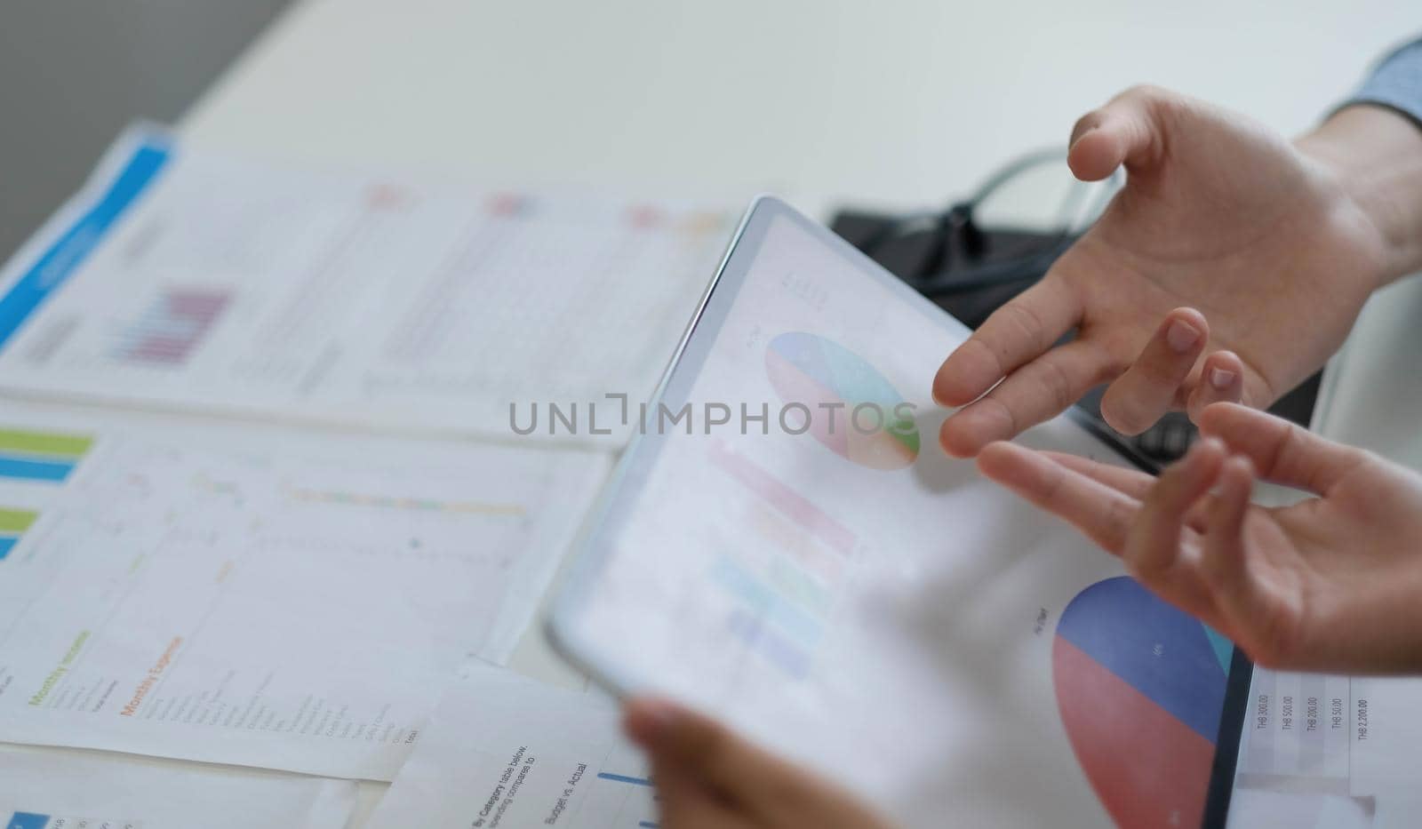 Team of business people working together in the meeting room office, teamwork background charts and graphs banner, double exposure successful teamwork,business planning concept. by wichayada