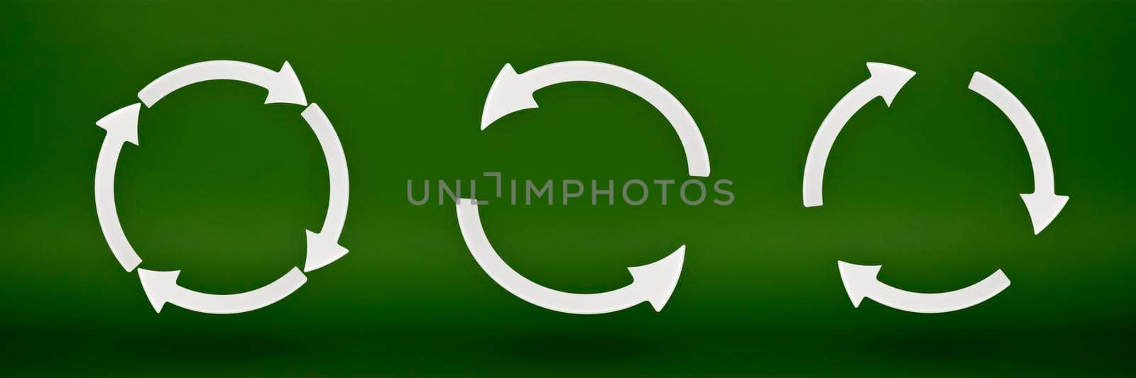 Ecology,set recycling symbol, white arrows form a circle. 3D image on a green background. Green products, green renewable energy, graph pointing up and down by SERSOL