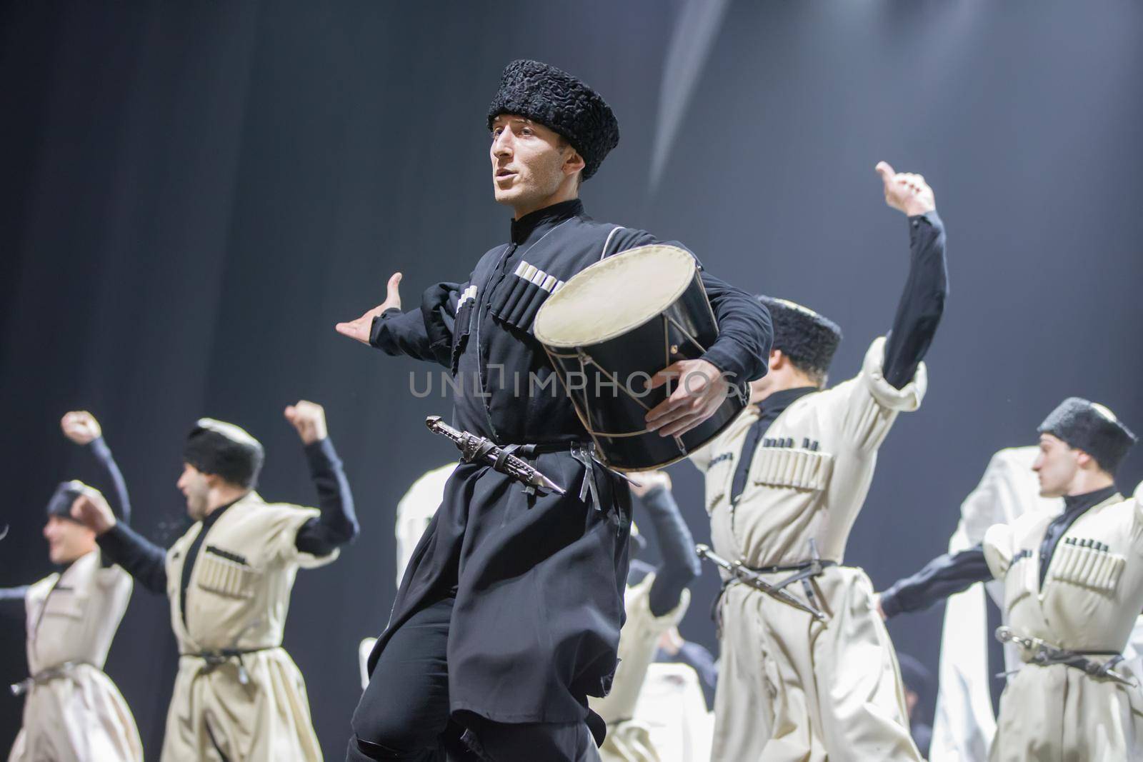 Belarus, Gomel, February 27, 2018. Concert hall. Speech of the national Georgian ballet Sukhishvili.Georgian dancers performing a dance.Georgian dance with a drum