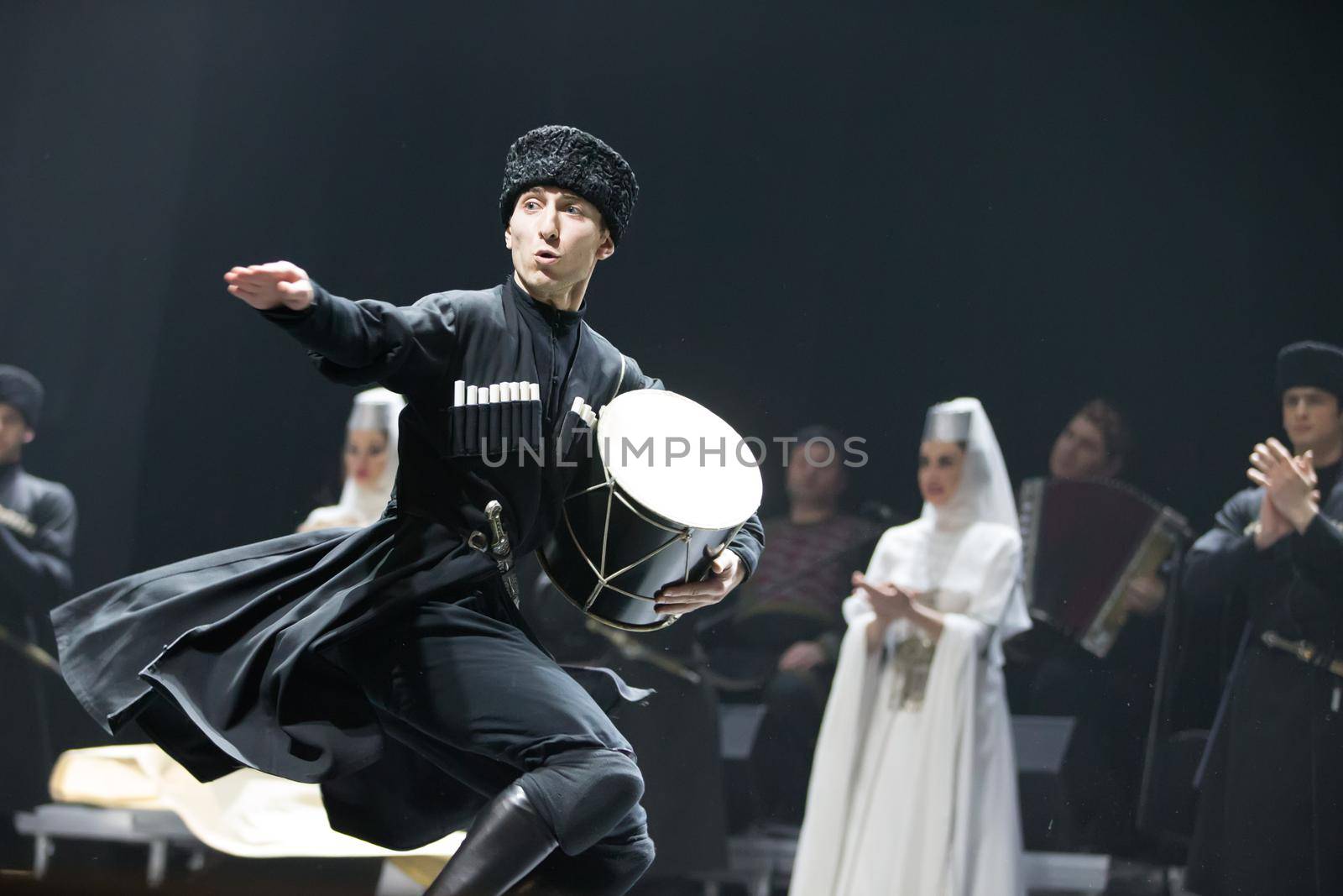 Belarus, Gomel, February 27, 2018. Concert hall. Speech of the national Georgian ballet Sukhishvili.Georgian dance with a drum