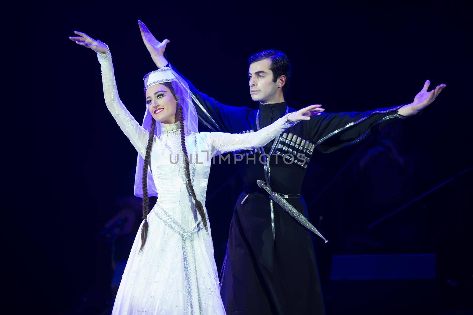 Belarus, Gomel, February 27, 2018. Concert hall. Speech of the national Georgian ballet Sukhishvili.Georgian male and female dancers perform national dance
