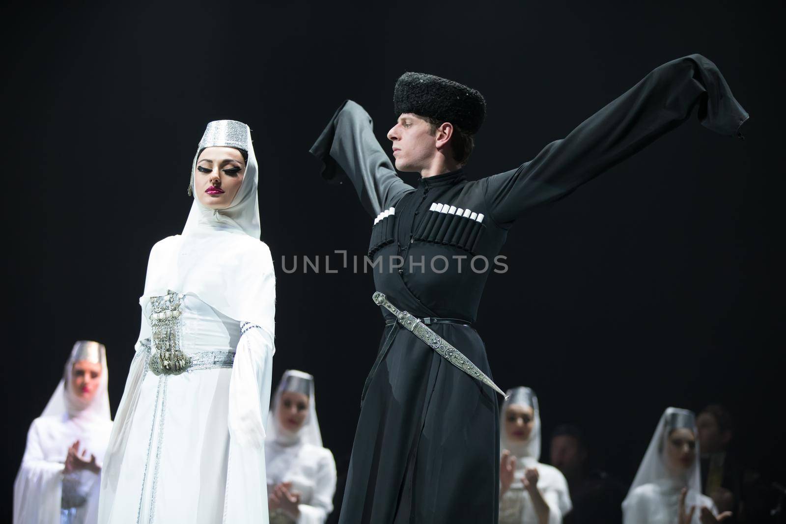 Belarus, Gomel, February 27, 2018. Concert hall. Speech of the national Georgian ballet Sukhishvili.Georgian male and female dancers perform national dance
