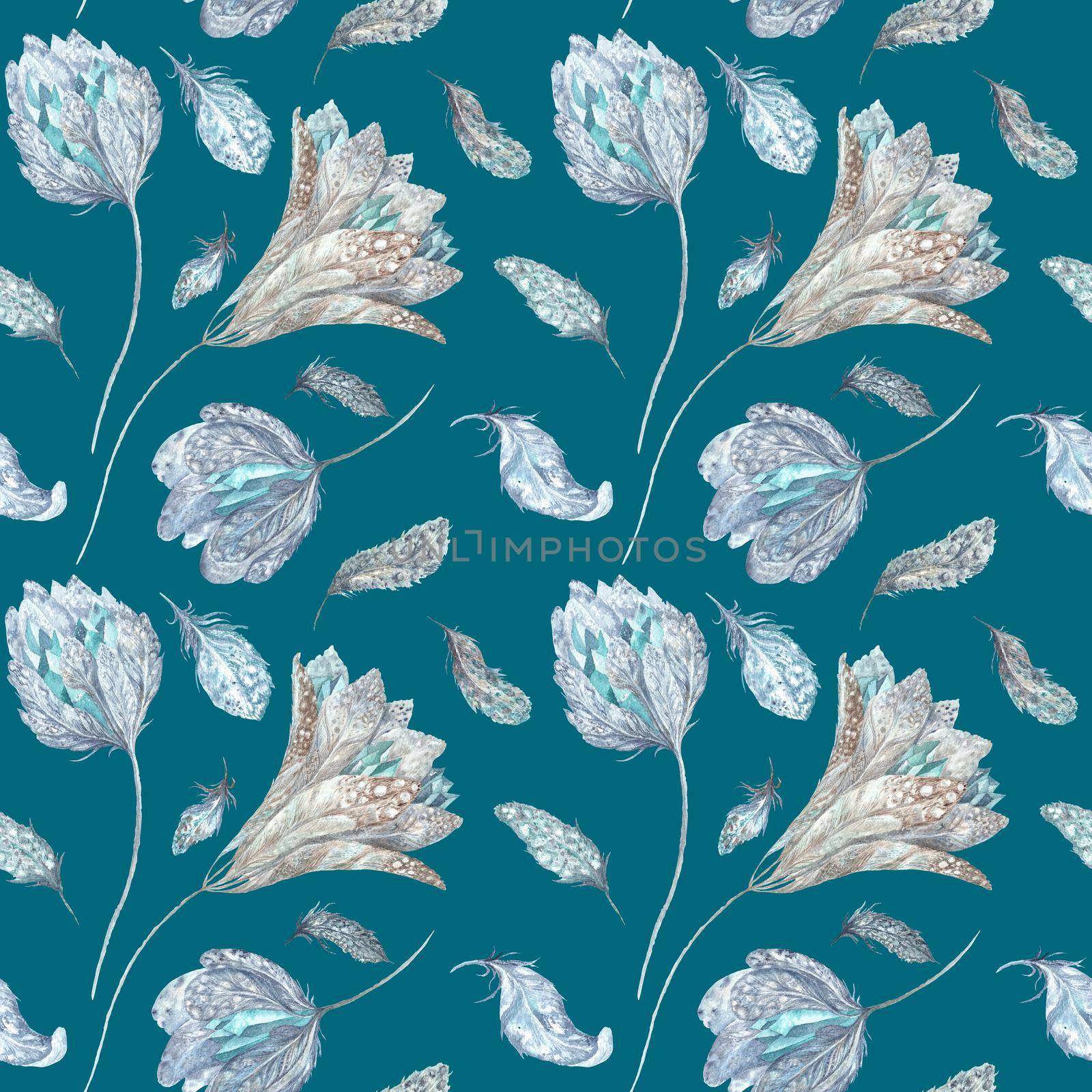 Seamless texture with feathers, flowers and crystals for textile and wallpaper design