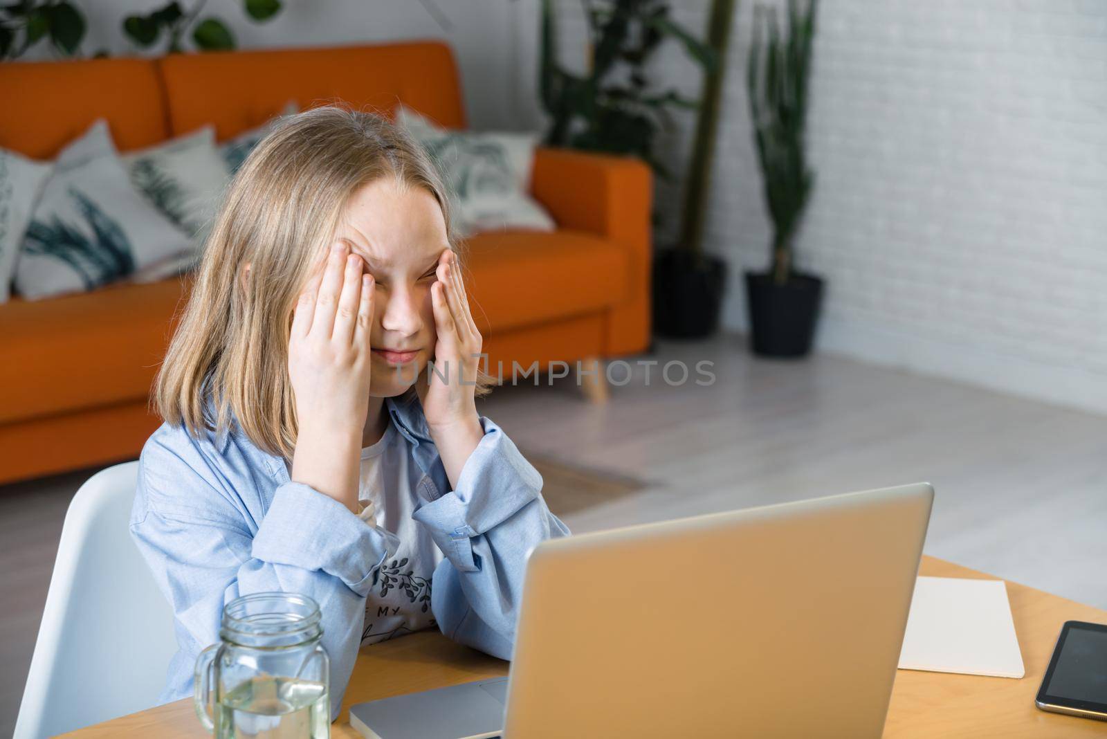 teenager is studying at home on carrantine. High quality photo