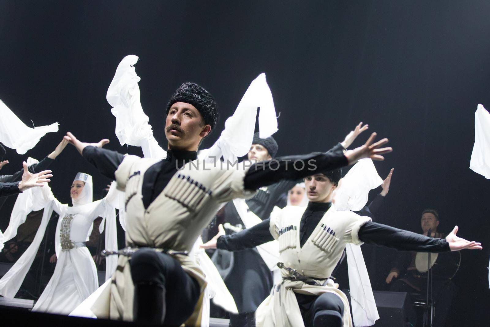 Belarus, Gomel, February 27, 2018. Concert hall. Speech of the national Georgian ballet Sukhishvili.Georgian dancers performing a dance