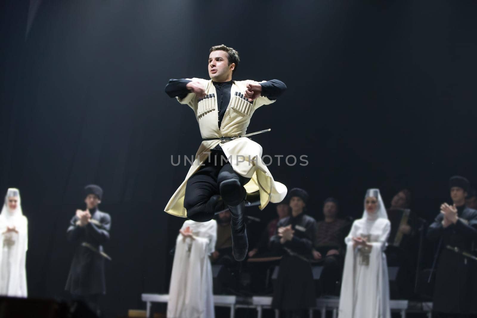 Belarus, Gomel, February 27, 2018. Concert hall. Speech of the national Georgian ballet Sukhishvili.The jump of the Georgian dancer